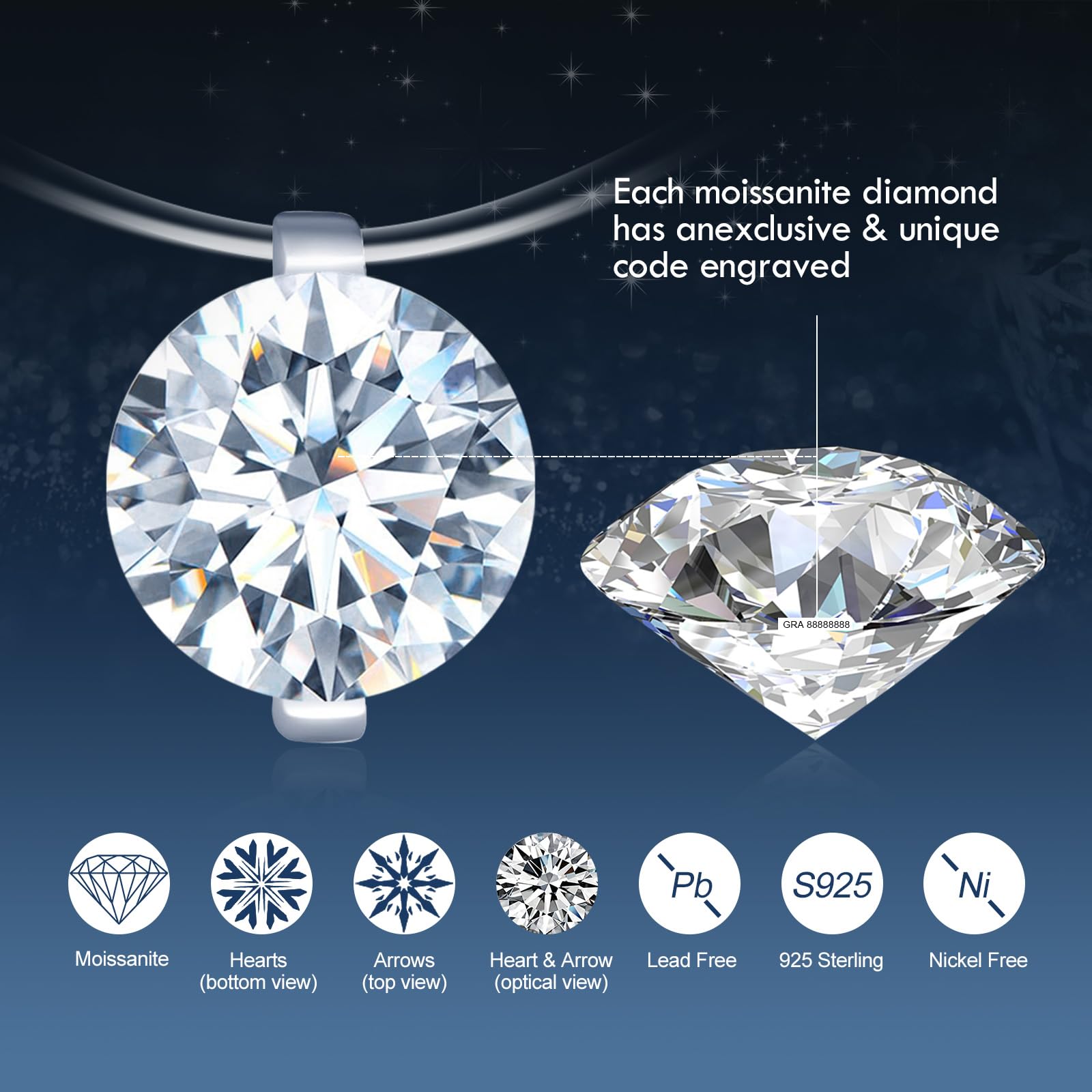 Women’s Moissanite Necklace 2ct 8mm D VVS1 – Nylon Chain