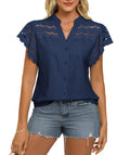 Women's Summer V-Neck Cotton-Linen Blouse Short Sleeve Hollow-Out Loose Fit – Dark Blue M