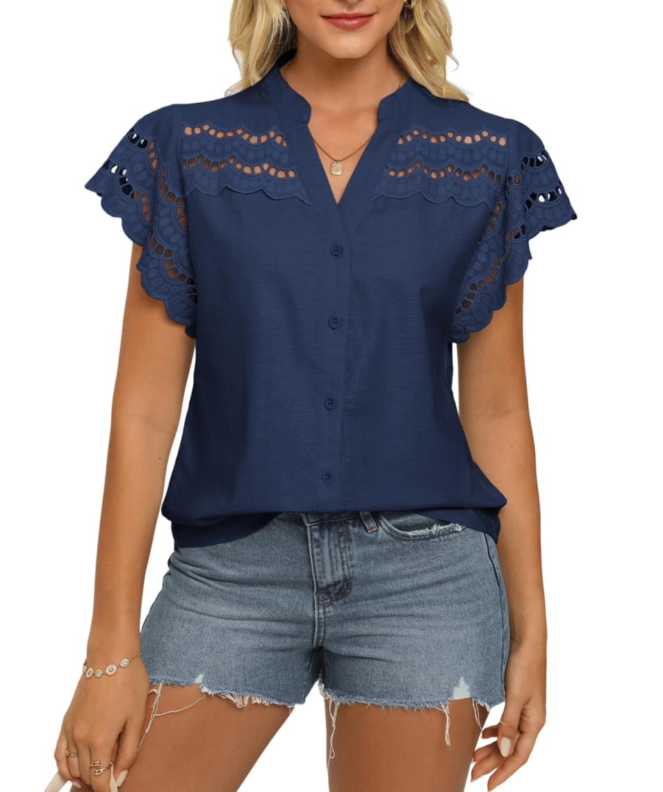 Women's Summer V-Neck Cotton-Linen Blouse Short Sleeve Hollow-Out Loose Fit – Dark Blue M