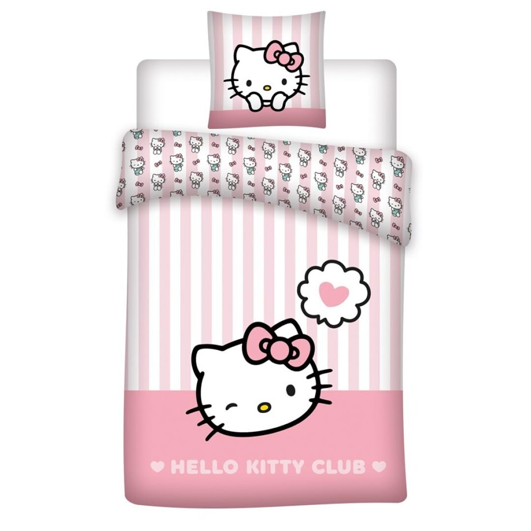 Hello Kitty Duvet Cover Set 100% Cotton 135x200 + 80x80 Heart Striped Design – Pink 135x200