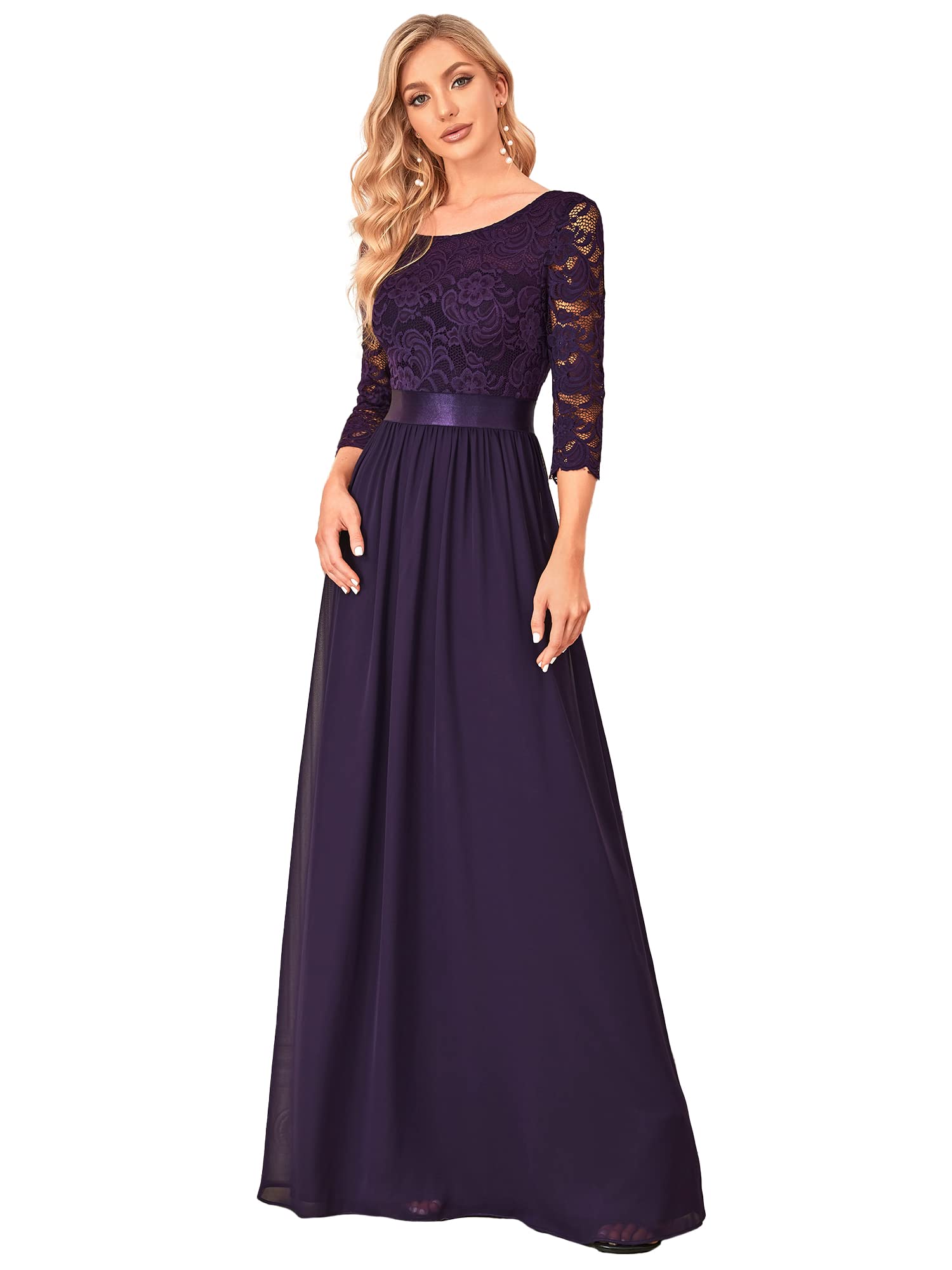 Ever-Pretty A-Line Empire Evening Dress Floor-Length 3/4 Sleeves – Dark Purple 44