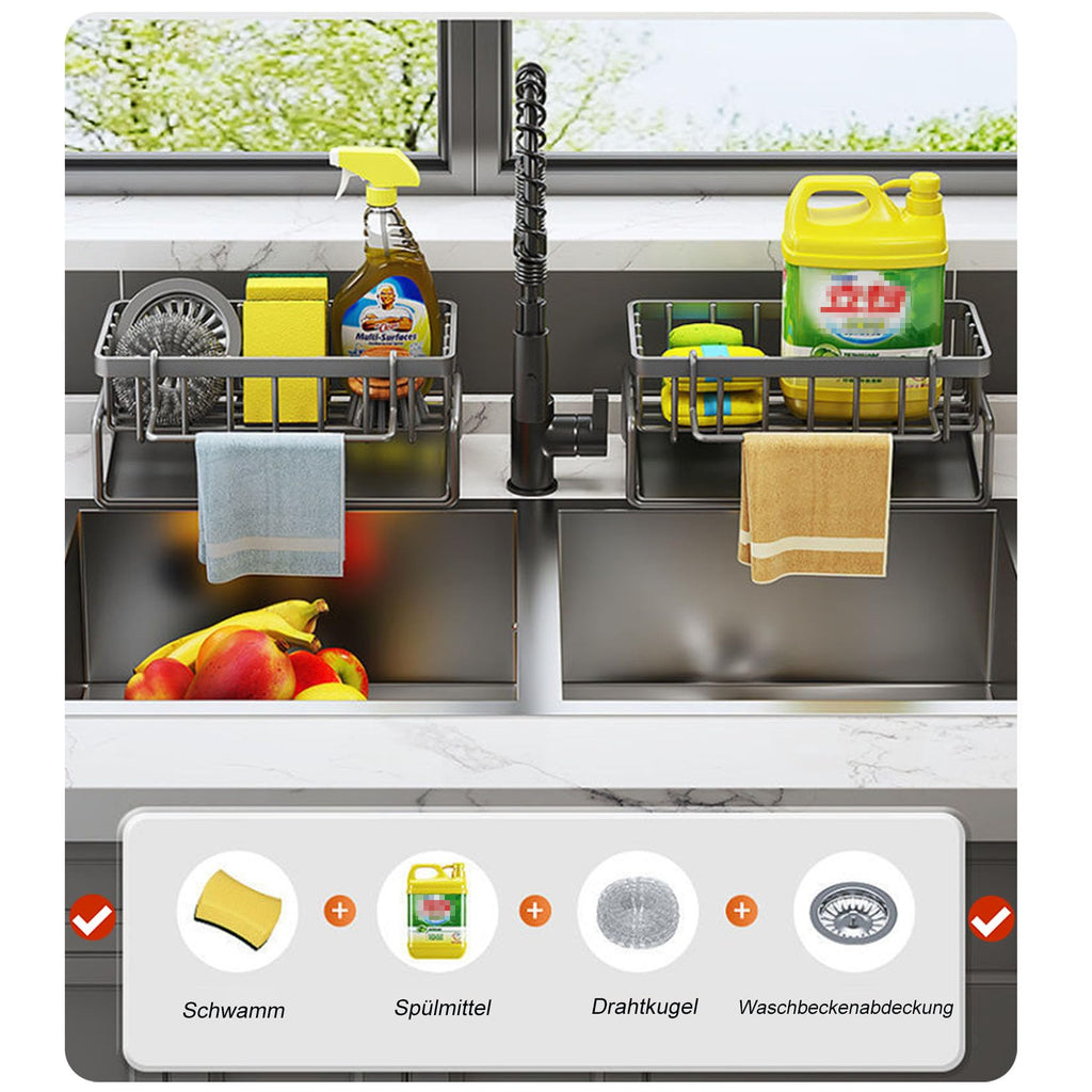 ViWaVee Stainless Steel Kitchen Sink Organizer with Self-Draining Drain Tray, Suitable for Sponge Holder, Towel Holder, Rag Holder, Super Kitchen and Bathroom Accessories (Black).