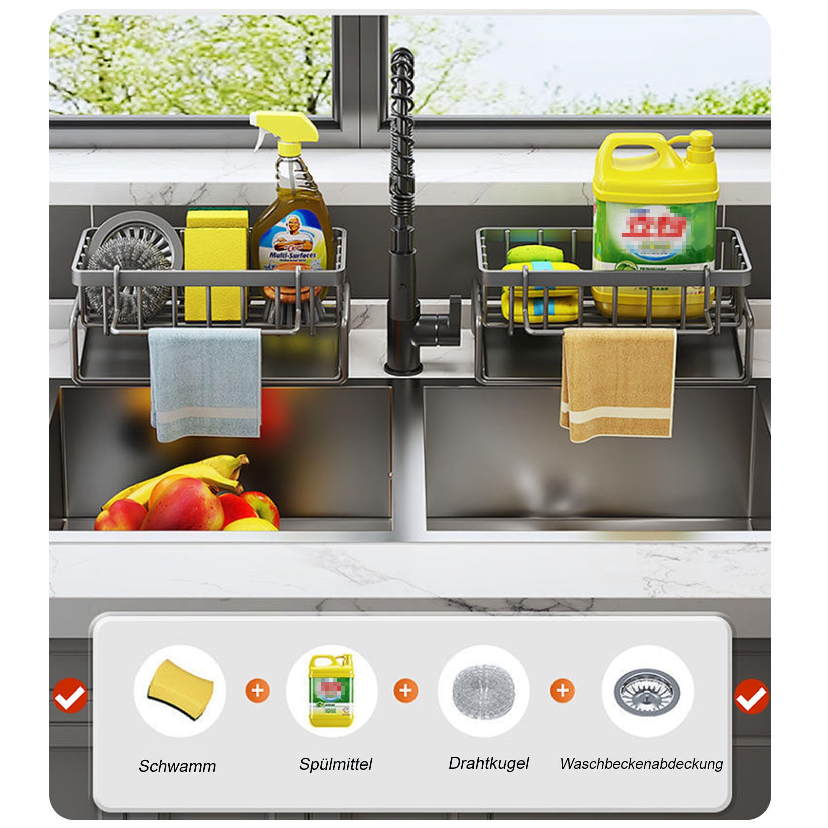 ViWaVee Stainless Steel Kitchen Sink Organizer with Self-Draining Drain Tray, Suitable for Sponge Holder, Towel Holder, Rag Holder, Super Kitchen and Bathroom Accessories (Black).