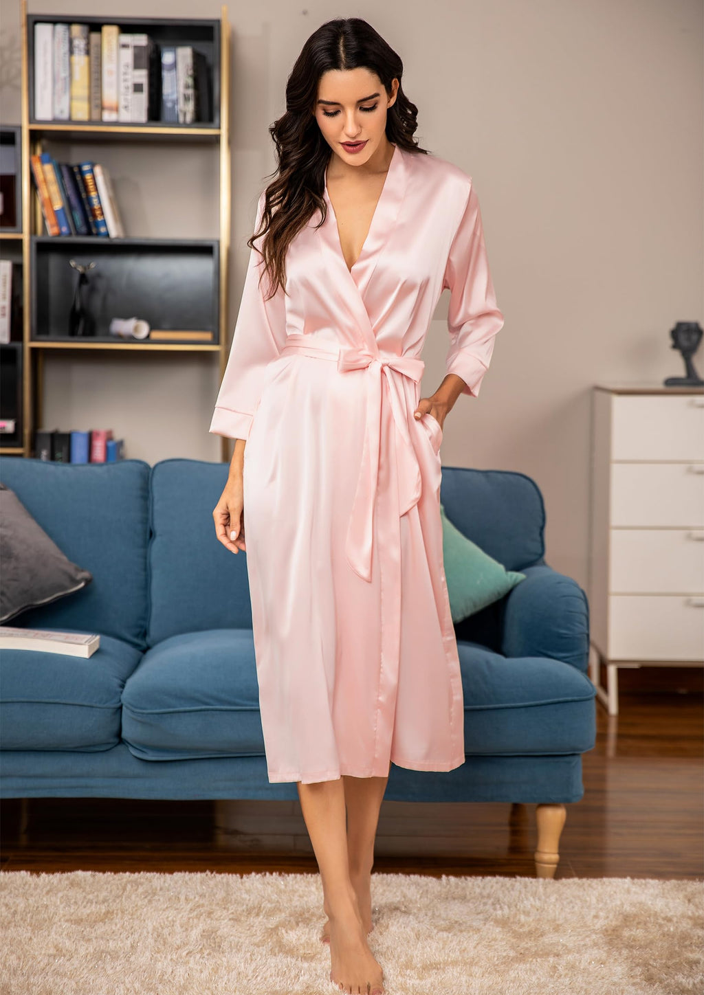 Women's Silk Robe Long Bridesmaid Wedding Sleepwear with Pockets Lightweight – Pink L