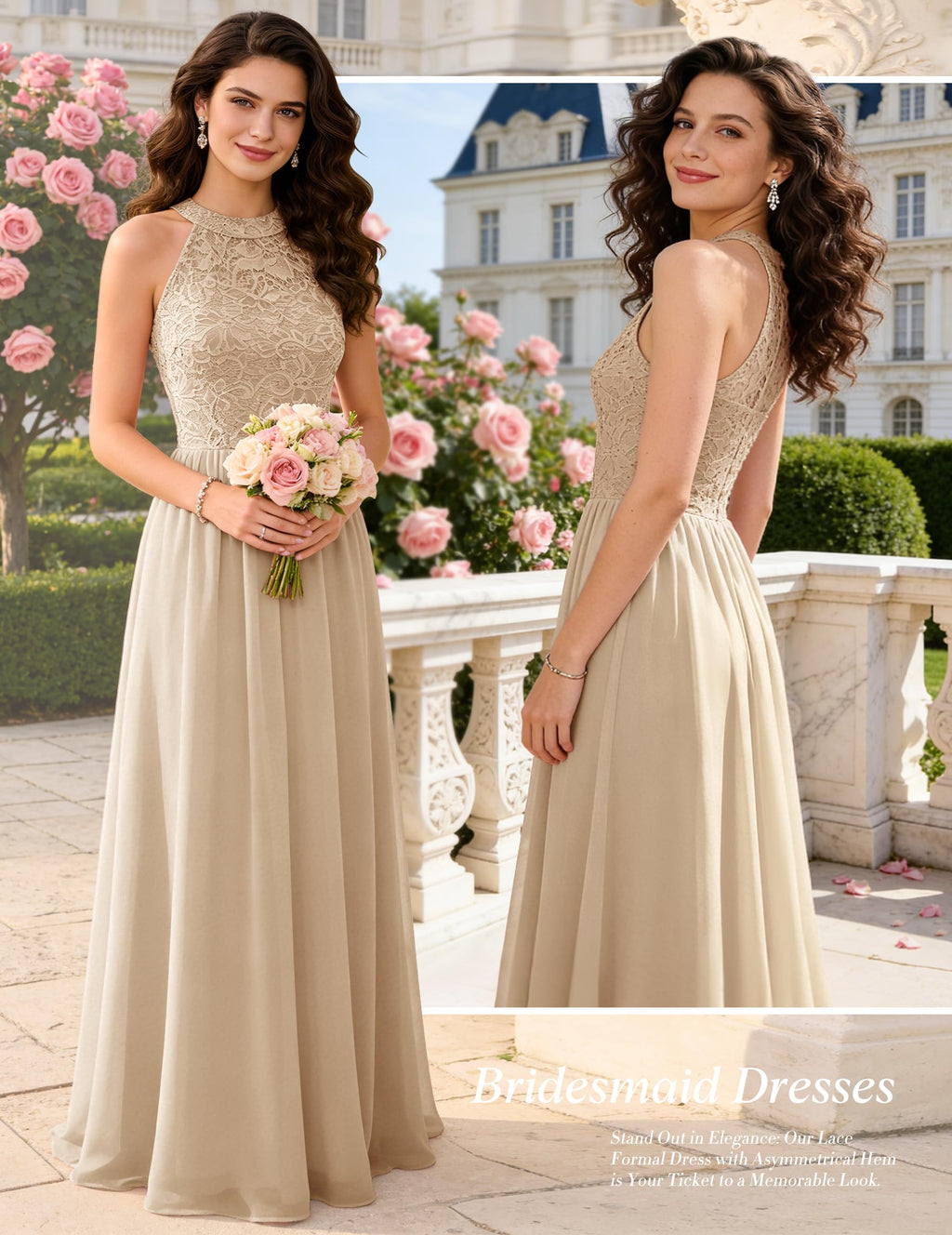 Halter Lace Chiffon Evening Dress Long Formal Wedding Cocktail – Champagne 2XL