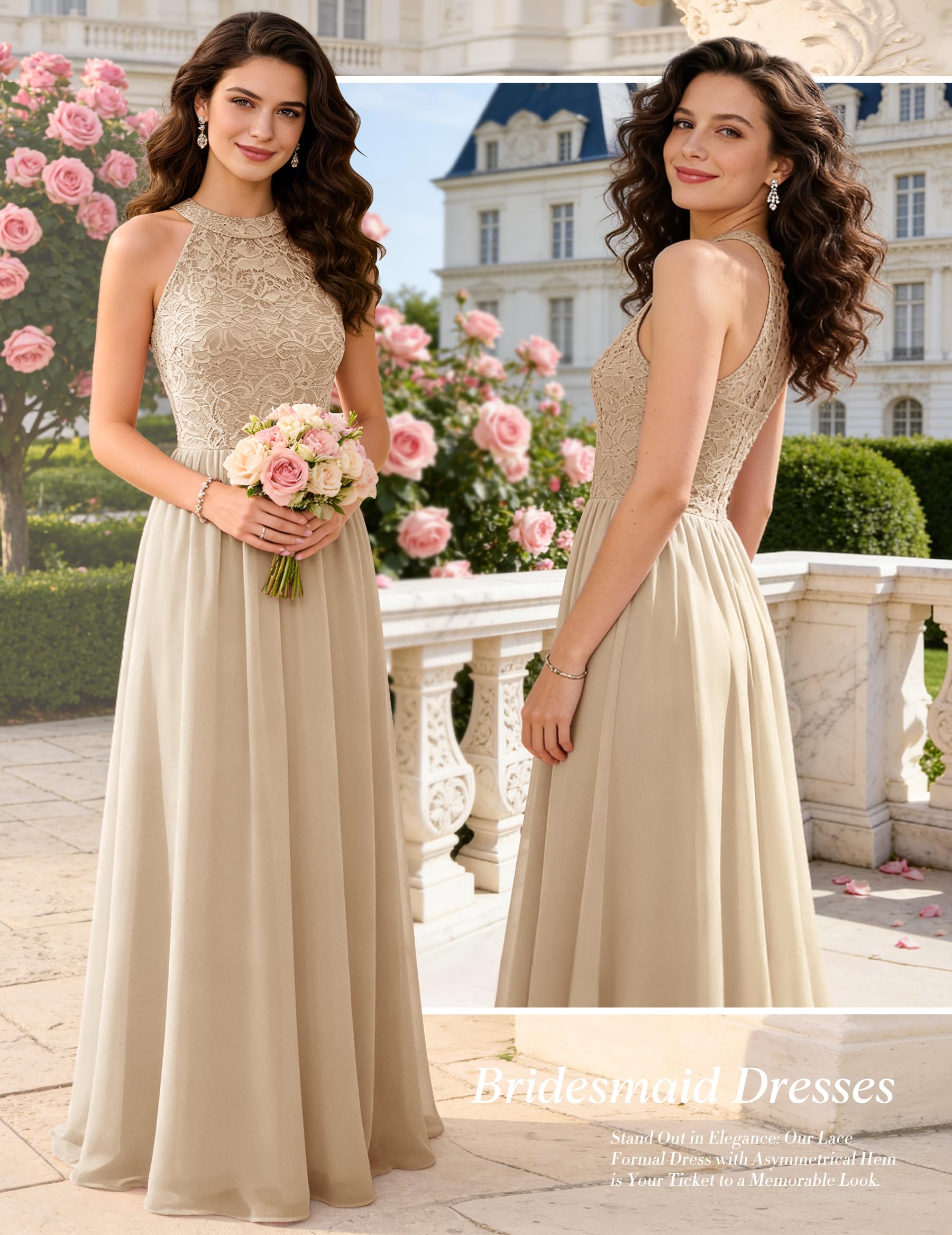 Halter Lace Chiffon Evening Dress Long Formal Wedding Cocktail – Champagne 2XL