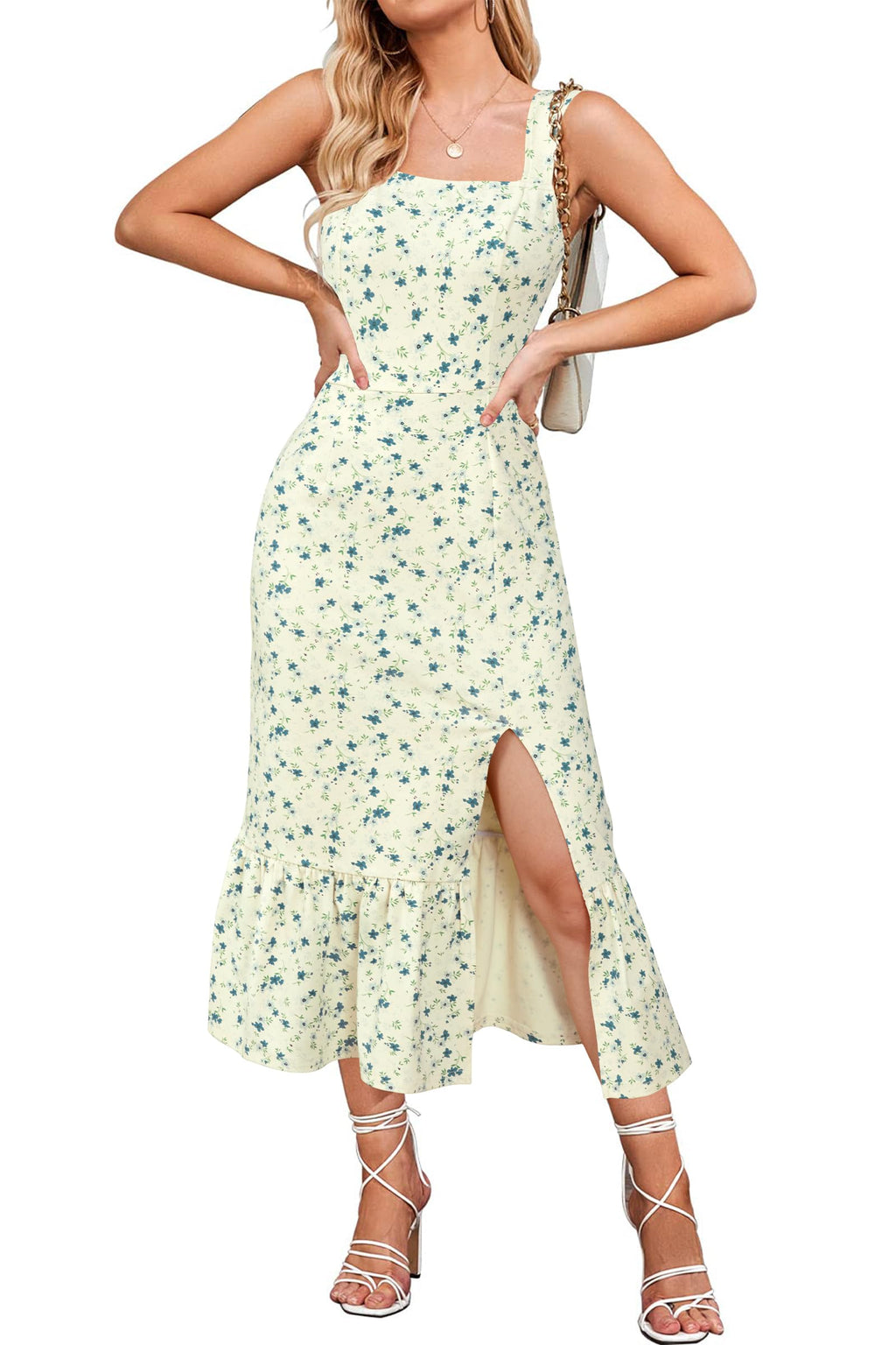 Women's Sleeveless Square-Neck Midi Dress Beach Casual – Yellow XL