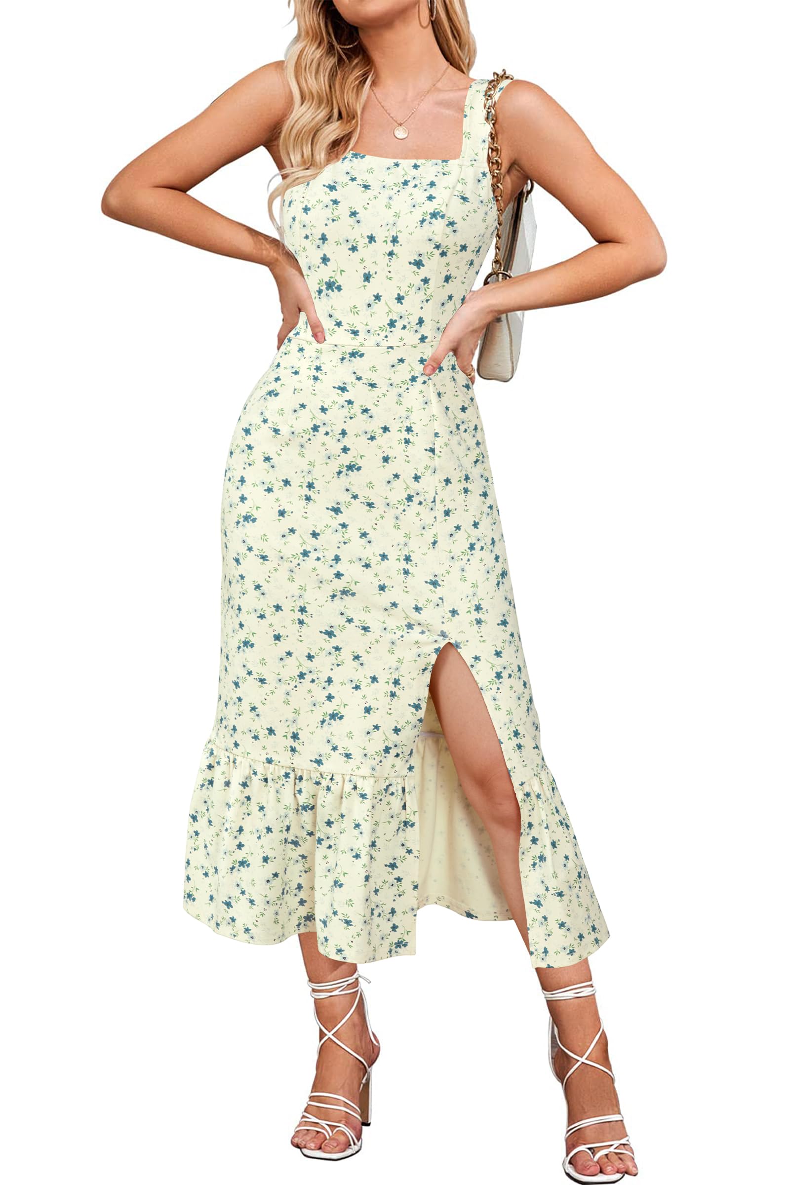 Women's Sleeveless Square-Neck Midi Dress Beach Casual – Yellow XL
