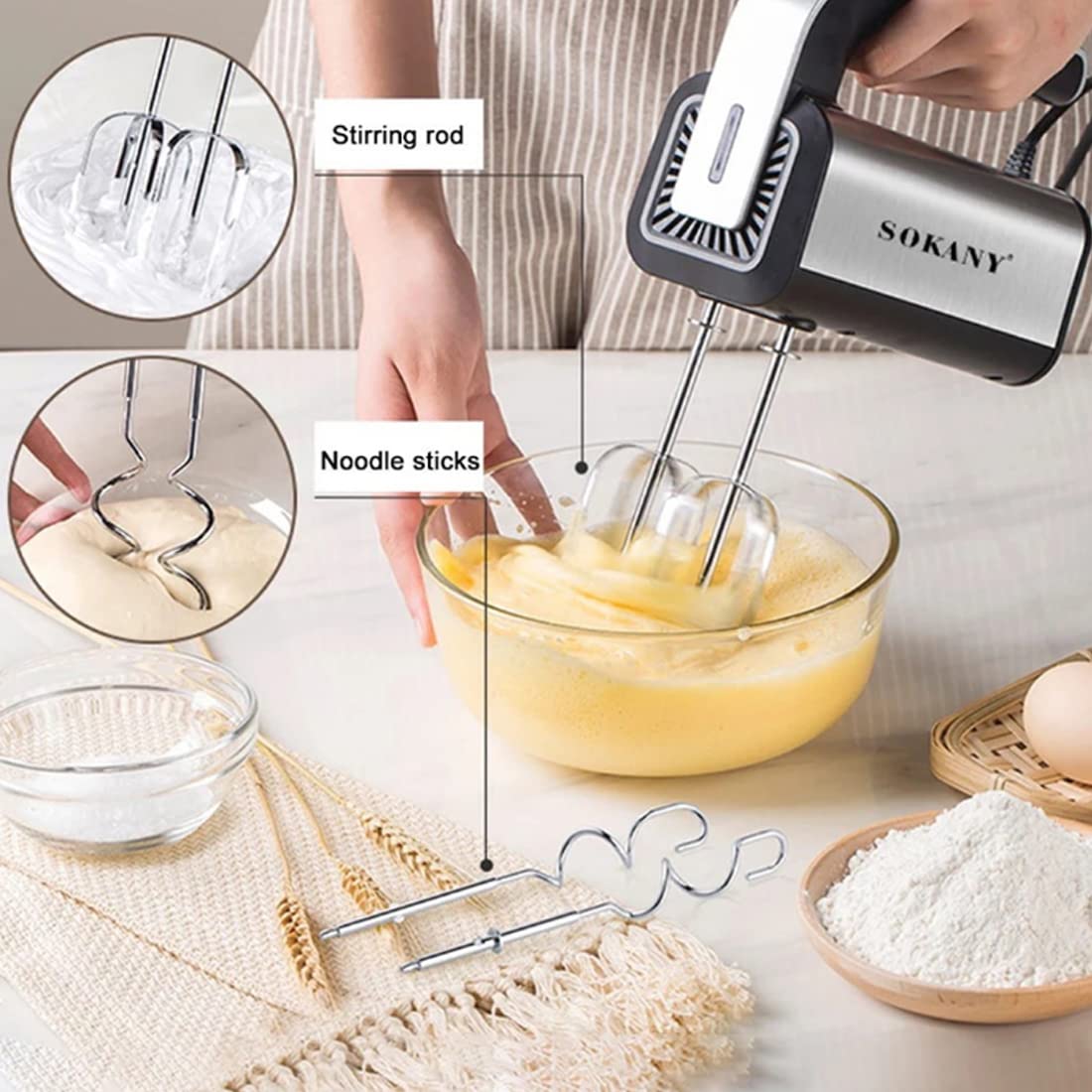 SOKANY 800W Hand Mixer Stainless Steel Kneader Hand Mixer, 5 Speeds with Exit Button, Hand Mixer with 2 Dough Hooks & 2 Beaters (SK-6651)