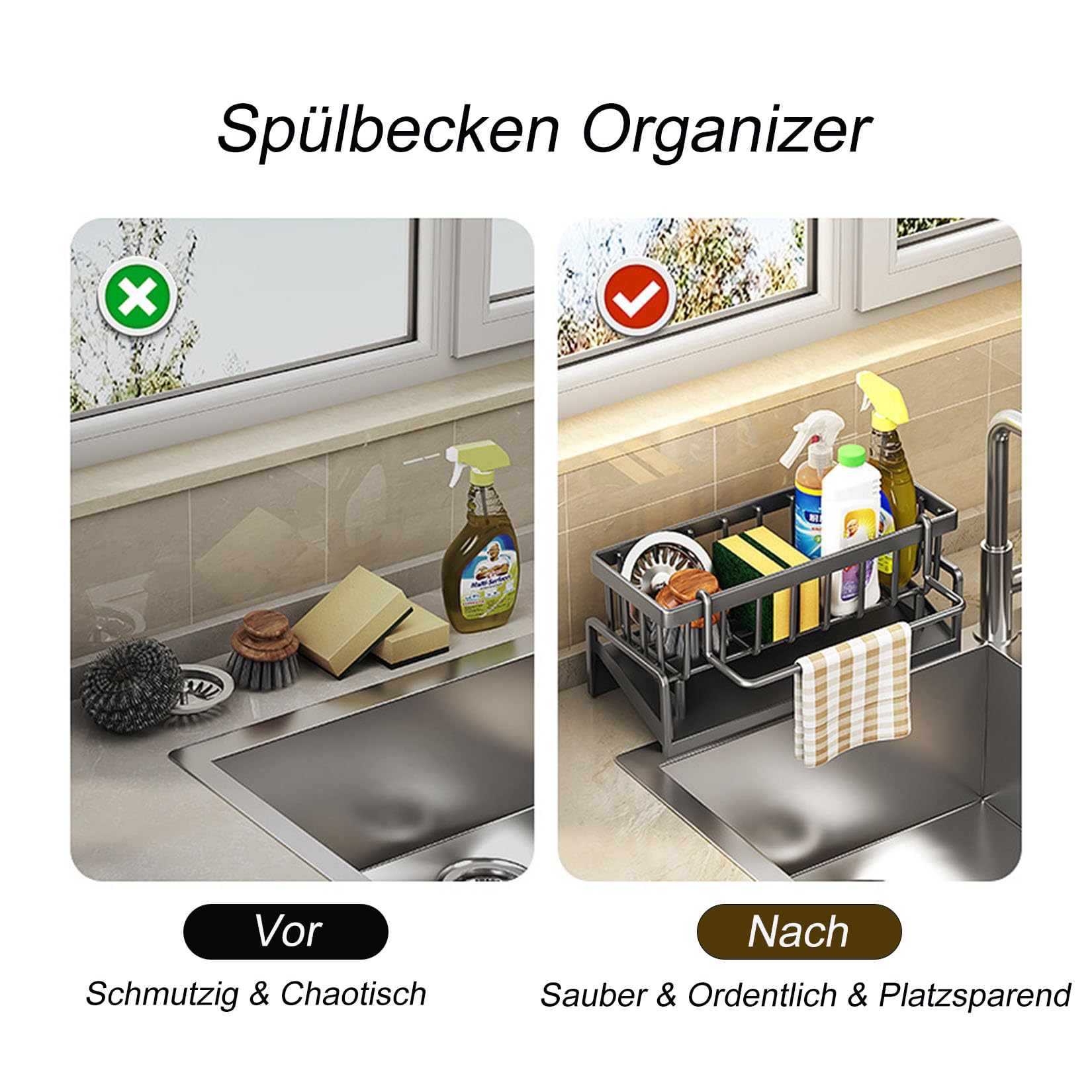 ViWaVee Stainless Steel Kitchen Sink Organizer with Self-Draining Drain Tray, Suitable for Sponge Holder, Towel Holder, Rag Holder, Super Kitchen and Bathroom Accessories (Black).