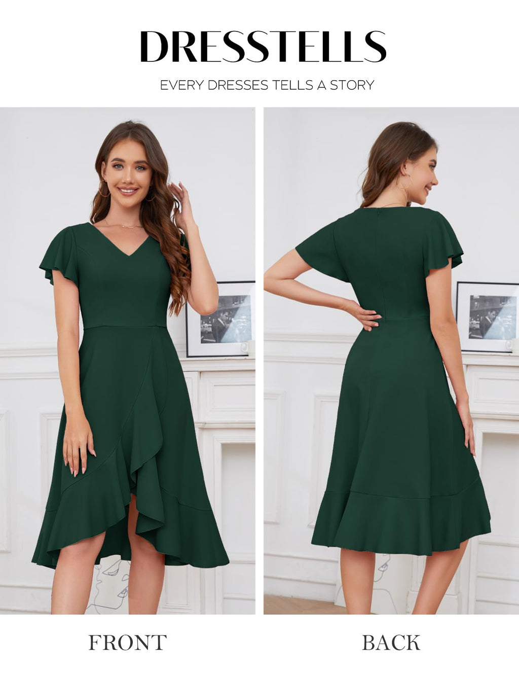 Women's Cocktail Dress Knee-Length V-Neck Ruffle Vintage – Dark Green M