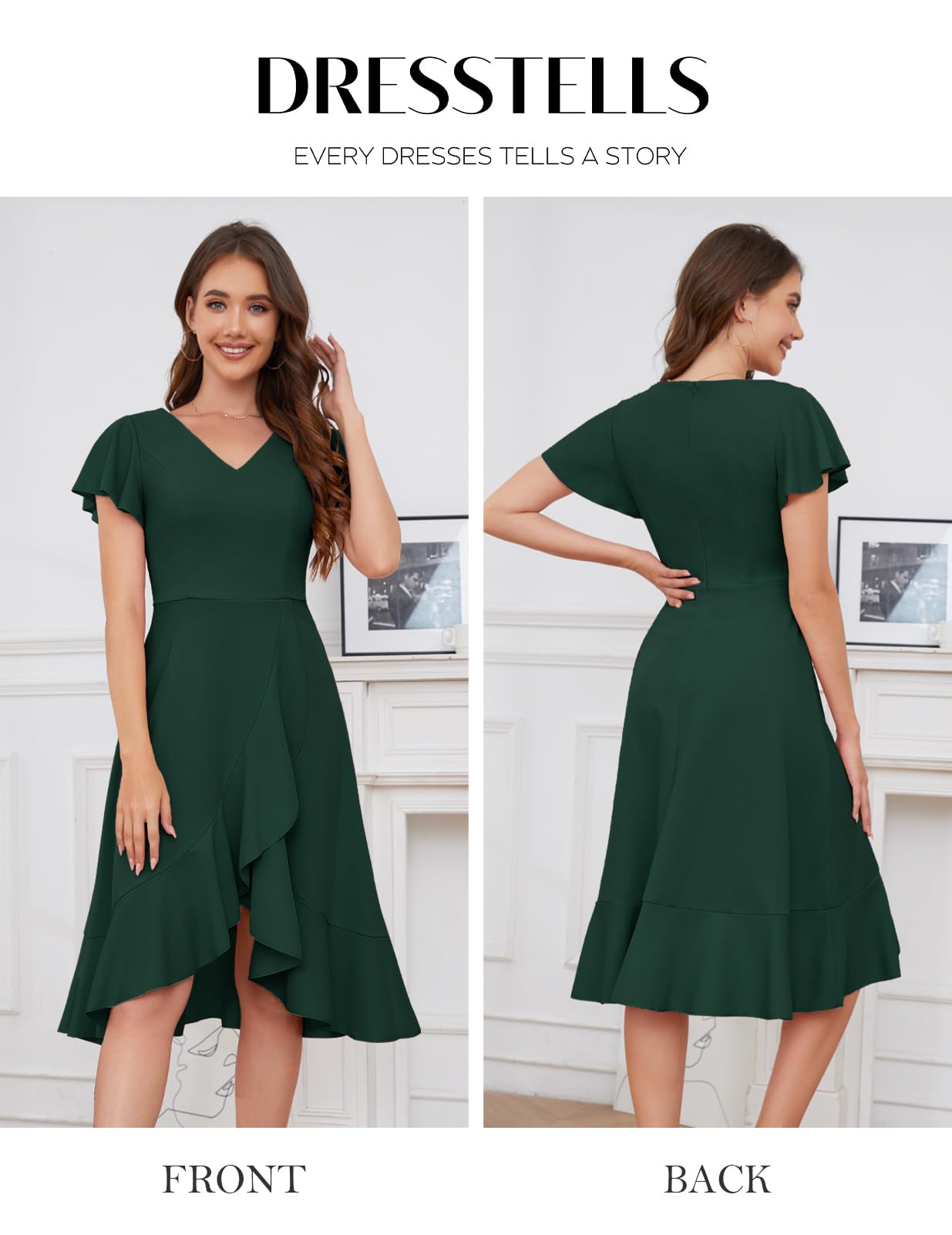 Women's Cocktail Dress Knee-Length V-Neck Ruffle Vintage – Dark Green M