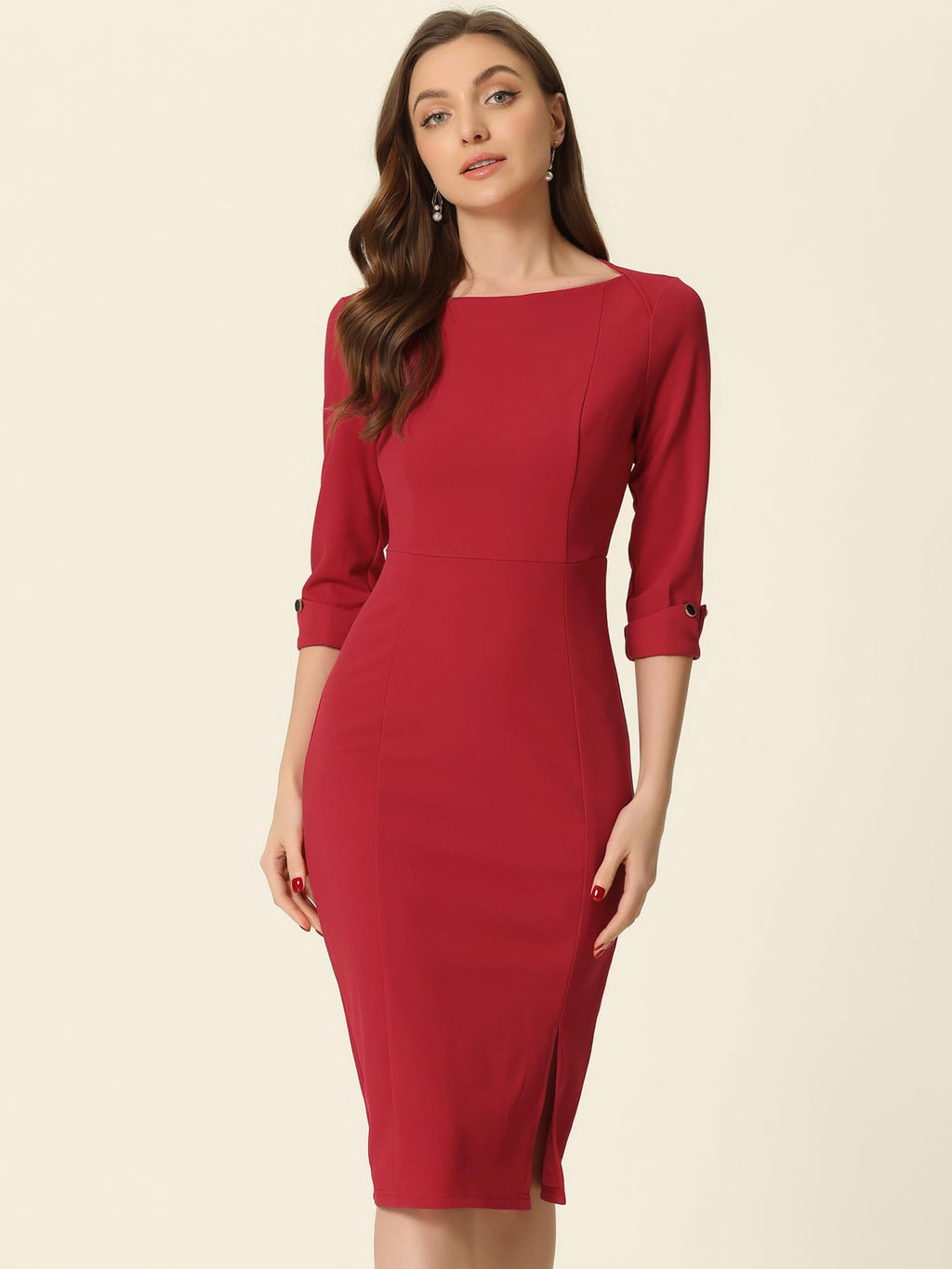 Women's Boat Neck Work Dress 3/4 Sleeves A-Line Elegant – Red M
