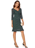 Women's 3/4 Sleeve V-neck Bodycon Lace Knee Dress Formal Evening – Dark Green XL