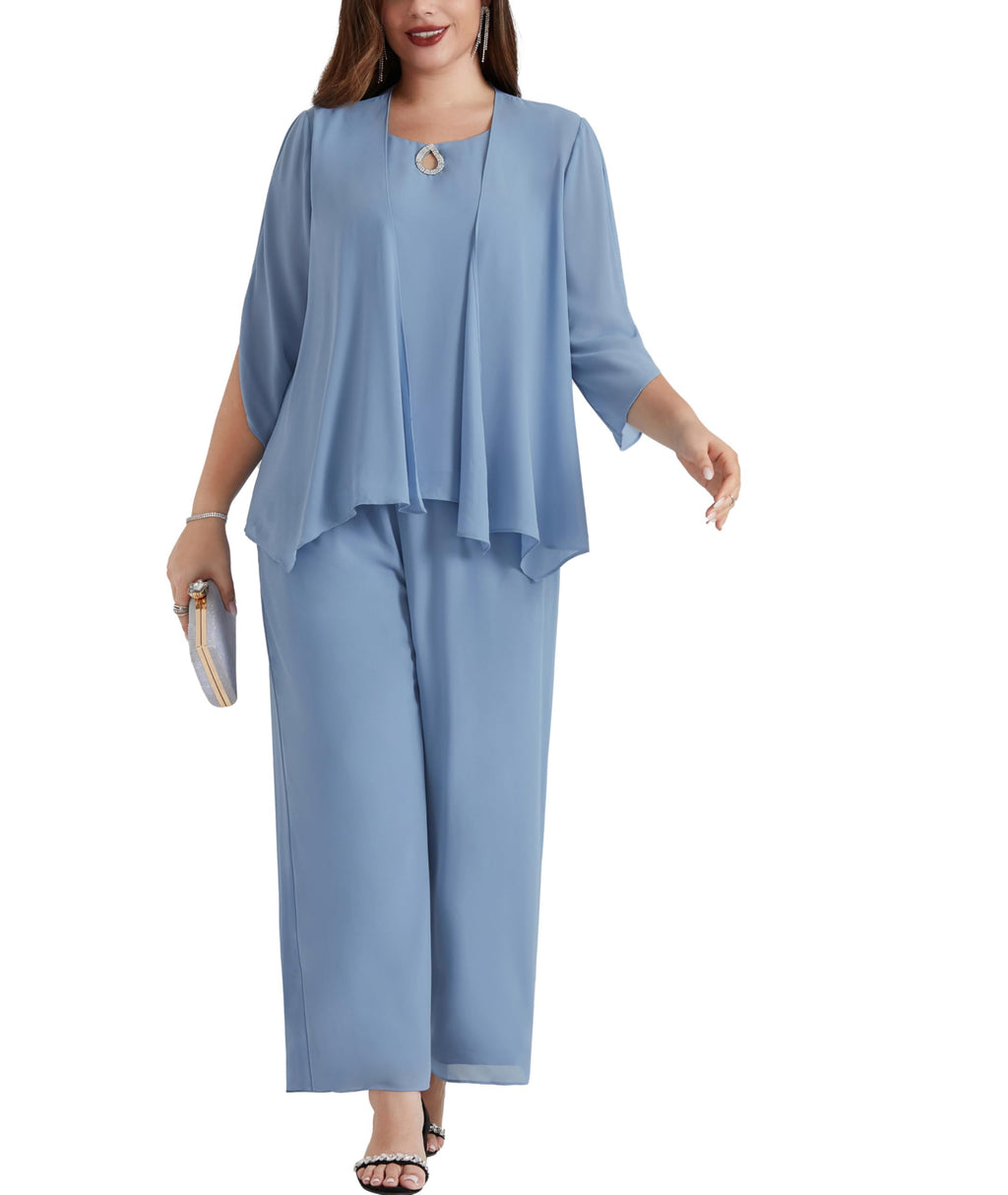 Plus Size Women's Trouser Suit 3 Piece Elegant Outfit with Chiffon Shirt – Gray Blue 52