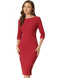Women's Boat Neck Work Dress 3/4 Sleeves A-Line Elegant – Red M