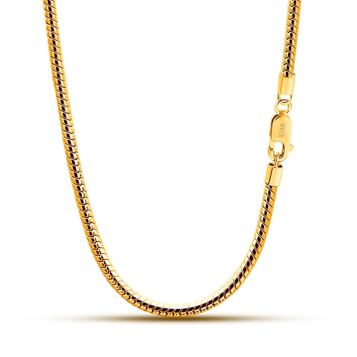 Snake Chain Necklace 3mm Sterling 925 Round Link Serpentine 19in – Silver 3mm