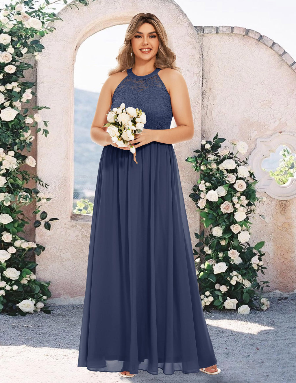 Women's Lace Chiffon Evening Dress Long Wedding Ceremony – Champagne L