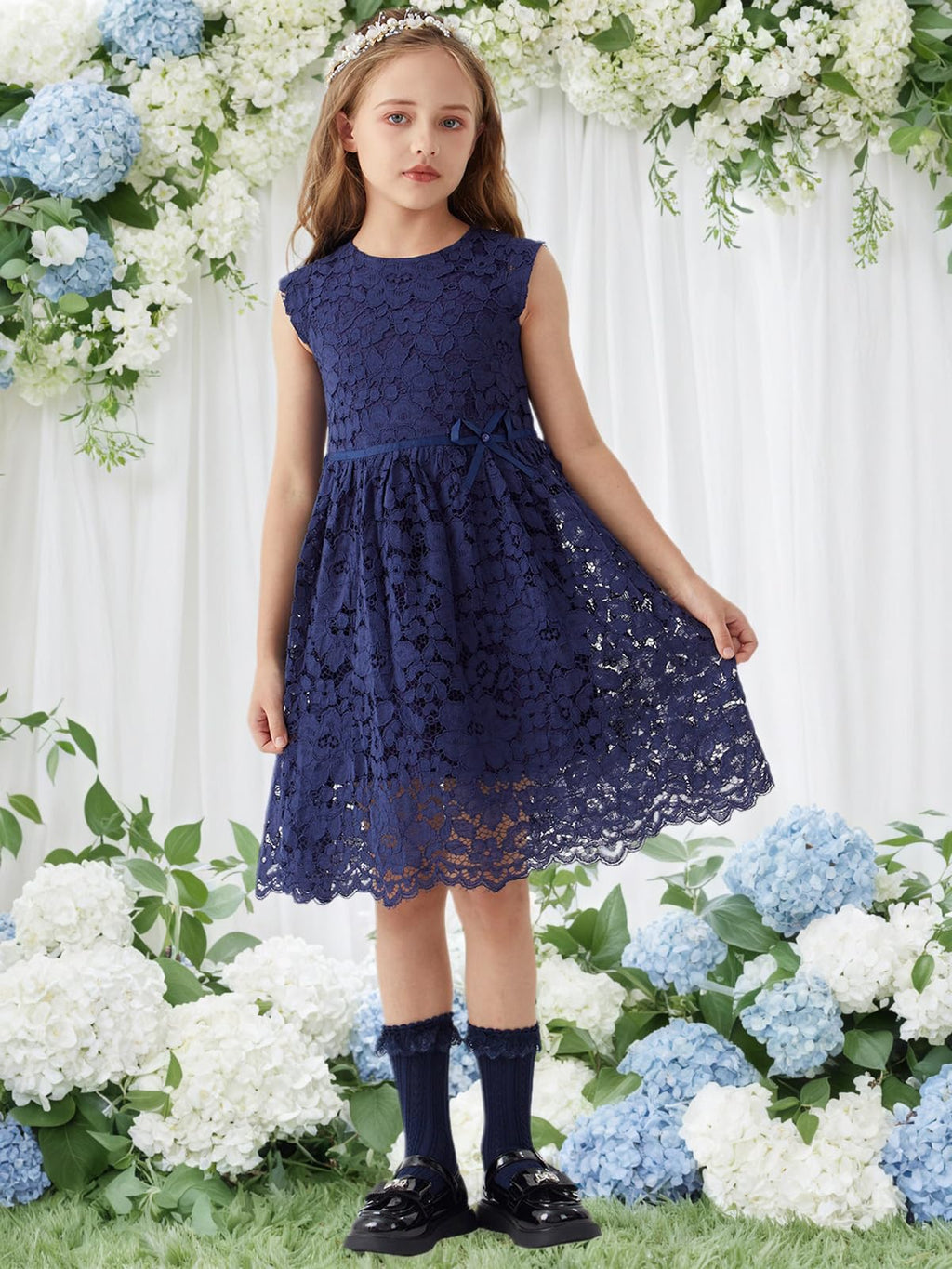 Girls' A-Line Lace Dress Sleeveless Pearl Bow Flower Girl Party – Navy 3-4Y