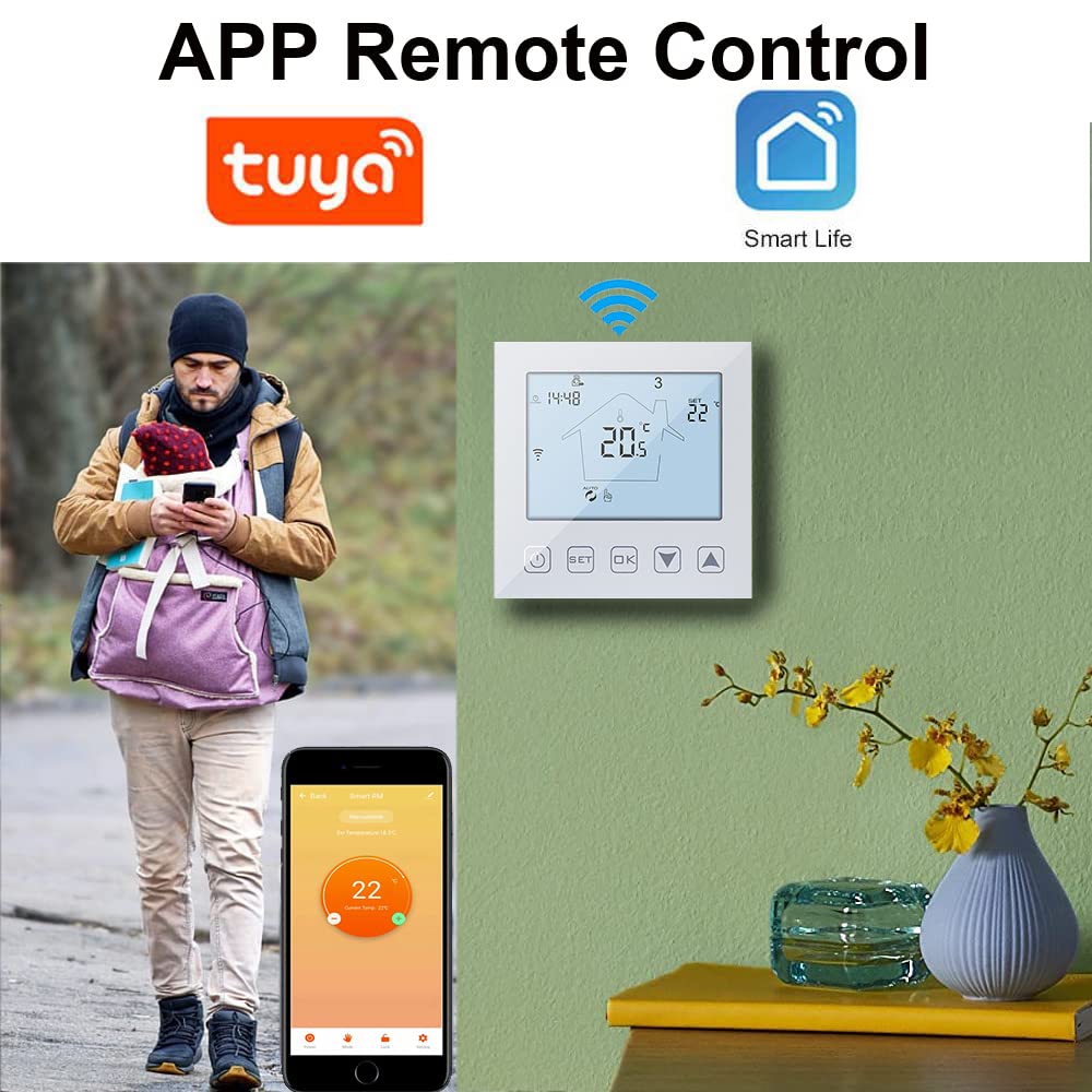 KETOTEK Smart Thermostat Underfloor Heating Electric WiFi 16A Compatible with Alexa, Digital Room Thermostat Underfloor Heating WLAN APP Control with Sensor White