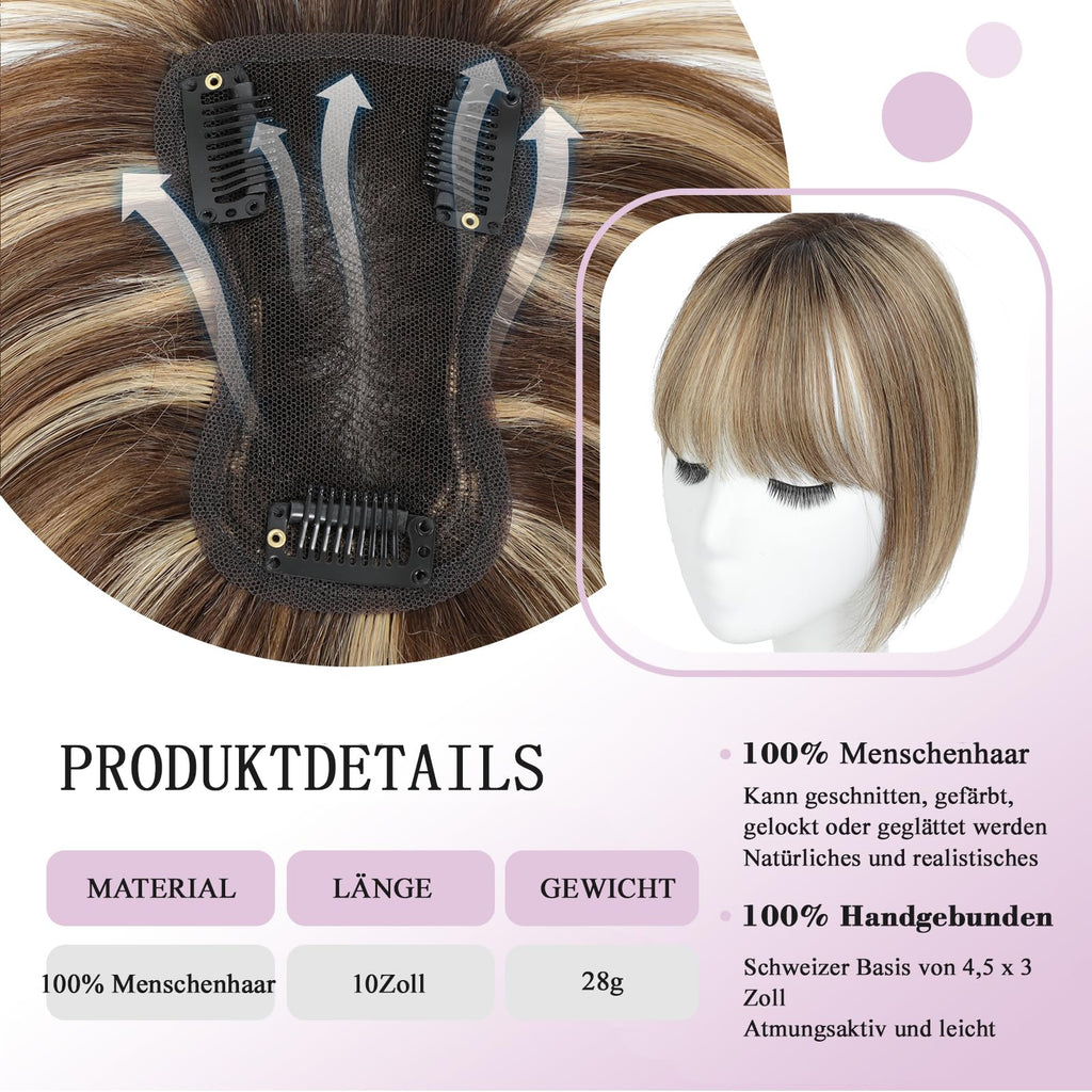 Human Hair Topper with Bangs 360° Hand-sewn 3D Coverage Natural Look – Medium Brown/Blonde
