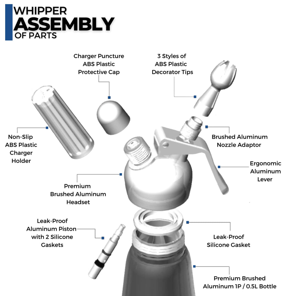ICO aluminum cream dispenser for homemade whipped cream, cream siphon 500ml for desserts, sauces, mousse and infused oils, use with 8g N2O cream chargers.