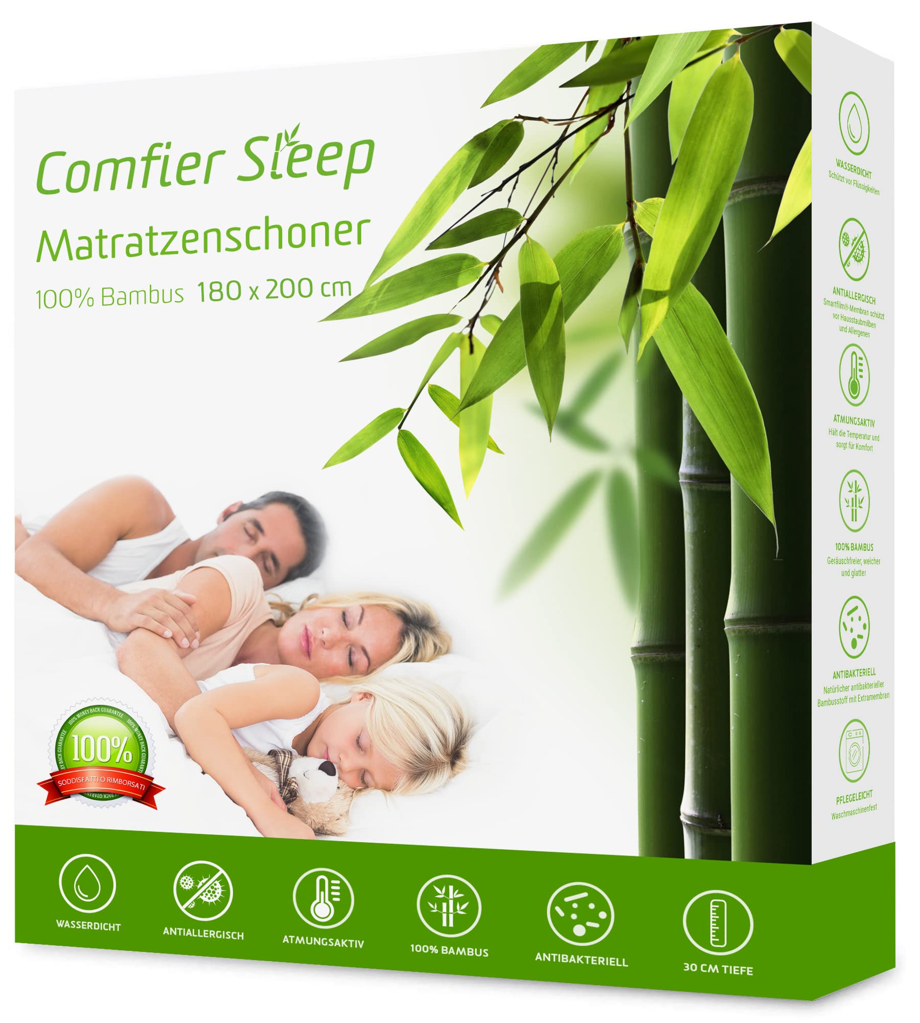 Mattress Cover 180x200 Anti-mite, Antibacterial, 100% Bamboo Mattress Cover, Mattress Protector, Super Soft, Highly Breathable Silent Waterproof Mattress Cover [180 x 200 cm]