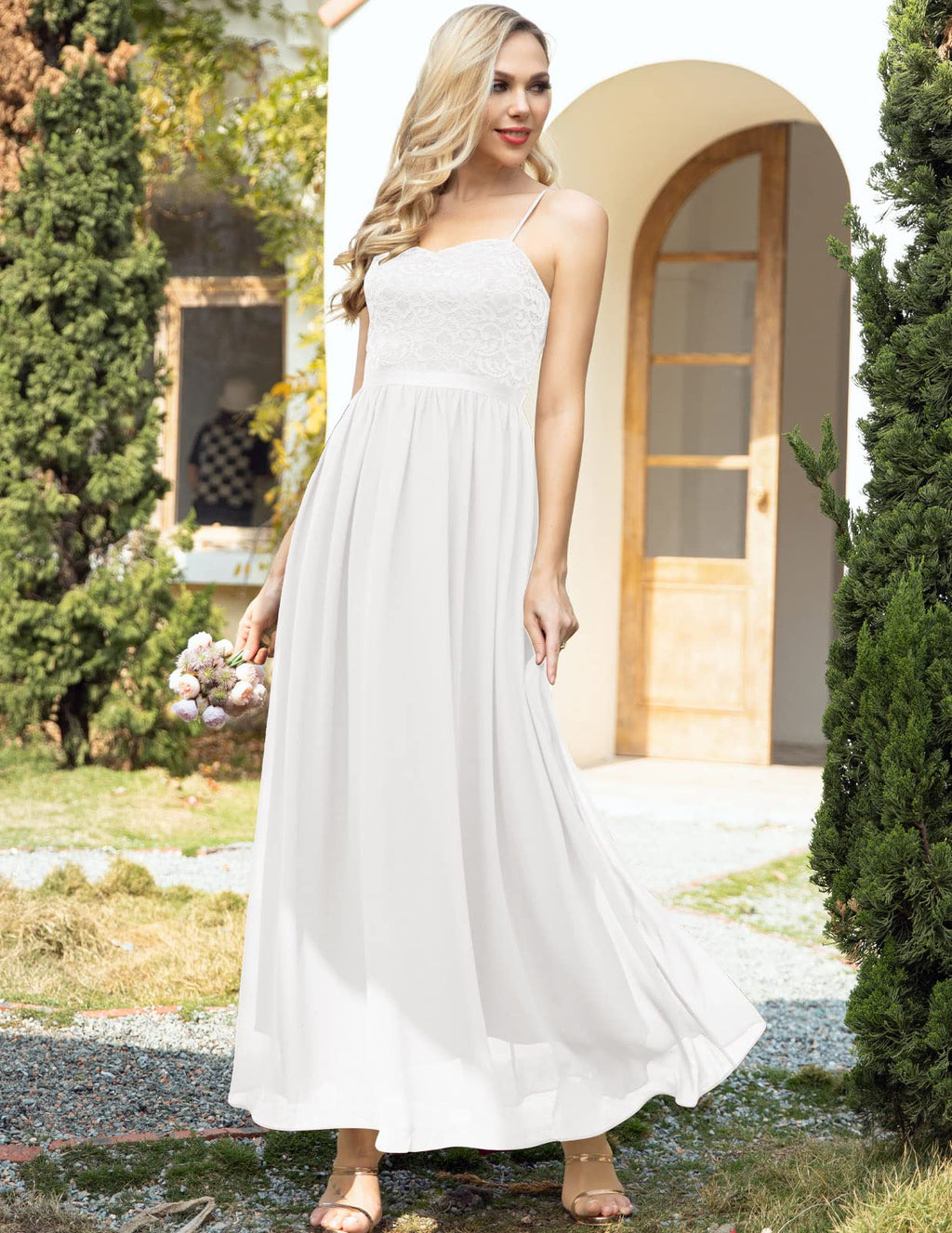 DRESSTELLS Women's Sleeveless Evening Dresses Chiffon Lace Bridesmaid Dresses Vintage Cocktail Dresses Festive Elegant Ball Gown with Spaghetti Straps White Size-S