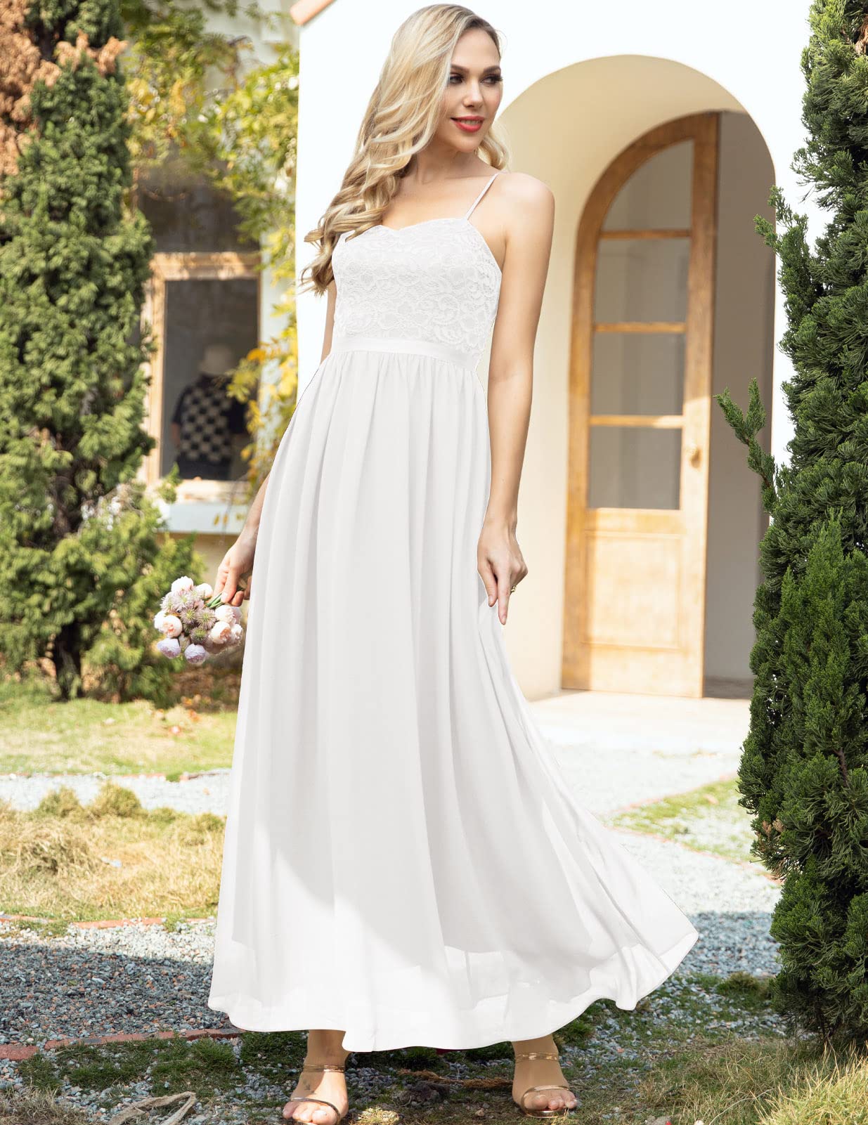 DRESSTELLS Women's Sleeveless Evening Dresses Chiffon Lace Bridesmaid Dresses Vintage Cocktail Dresses Festive Elegant Ball Gown with Spaghetti Straps White Size-S