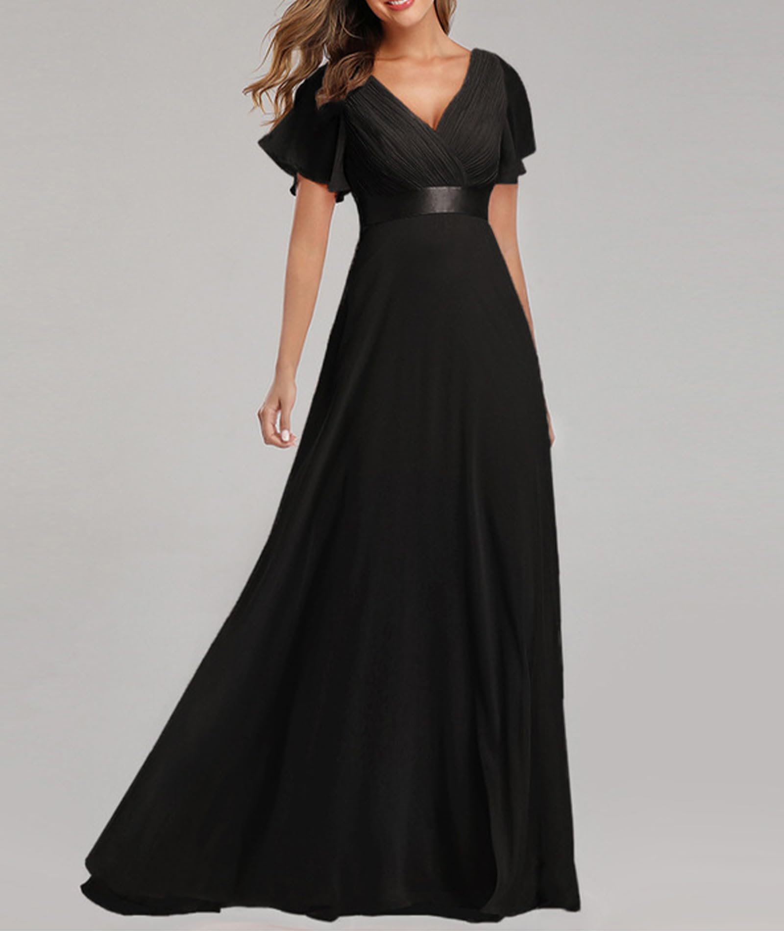Chiffon A-Line Bridesmaid Dress V-Neck High Waist Belt Elegant Long Gown – BL, 2XL