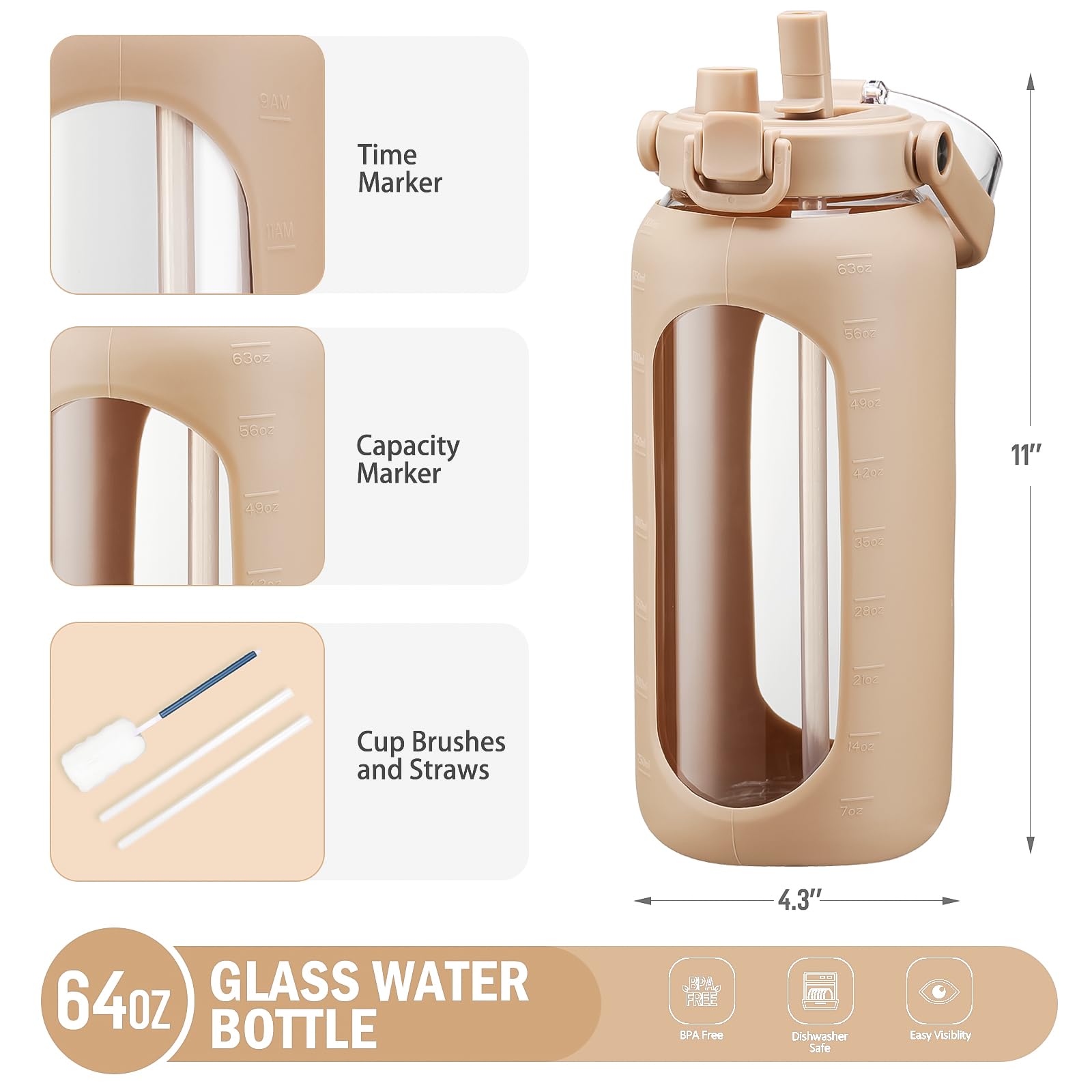 Glass Water Bottle 960ml with Straw & Time Marker Silicone Sleeve – Amber