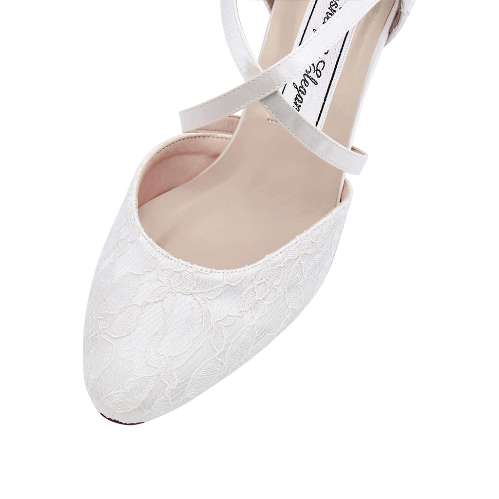 Duosheng & Elegant Closed Toe HC1920 Cross Straps Bridal Shoes Buckle for Women Heel Wedding Bridal Lace Shoes with Lace Ivory Size 38
