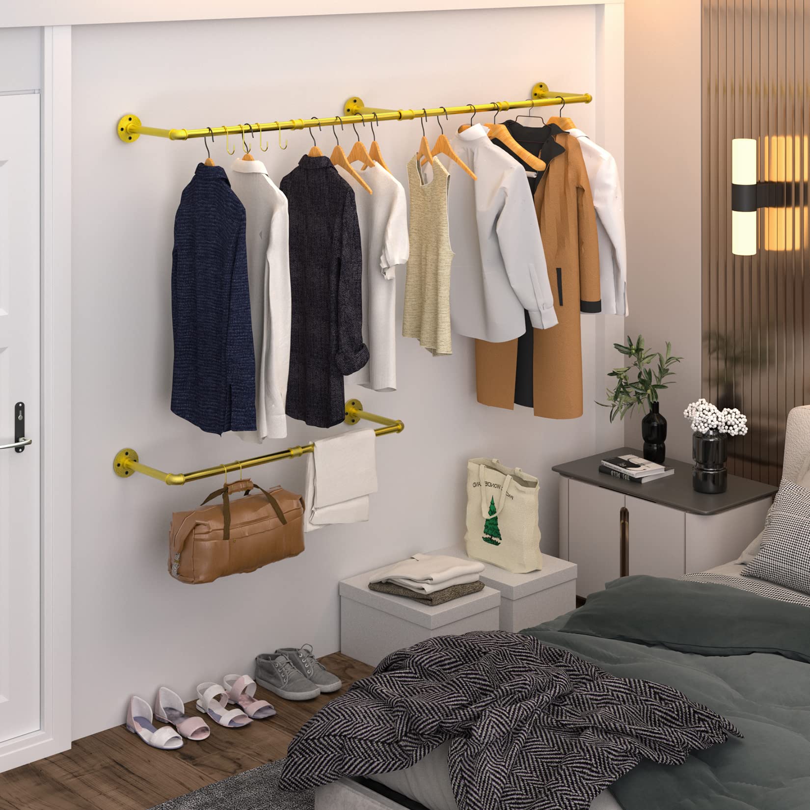 unho Wall Mounted Clothes Rail, Industrial Style Pipe Clothes Rack Wall Mounted, Wall Mounted Wardrobe for Bedroom Living Room (3 Bases), Gold