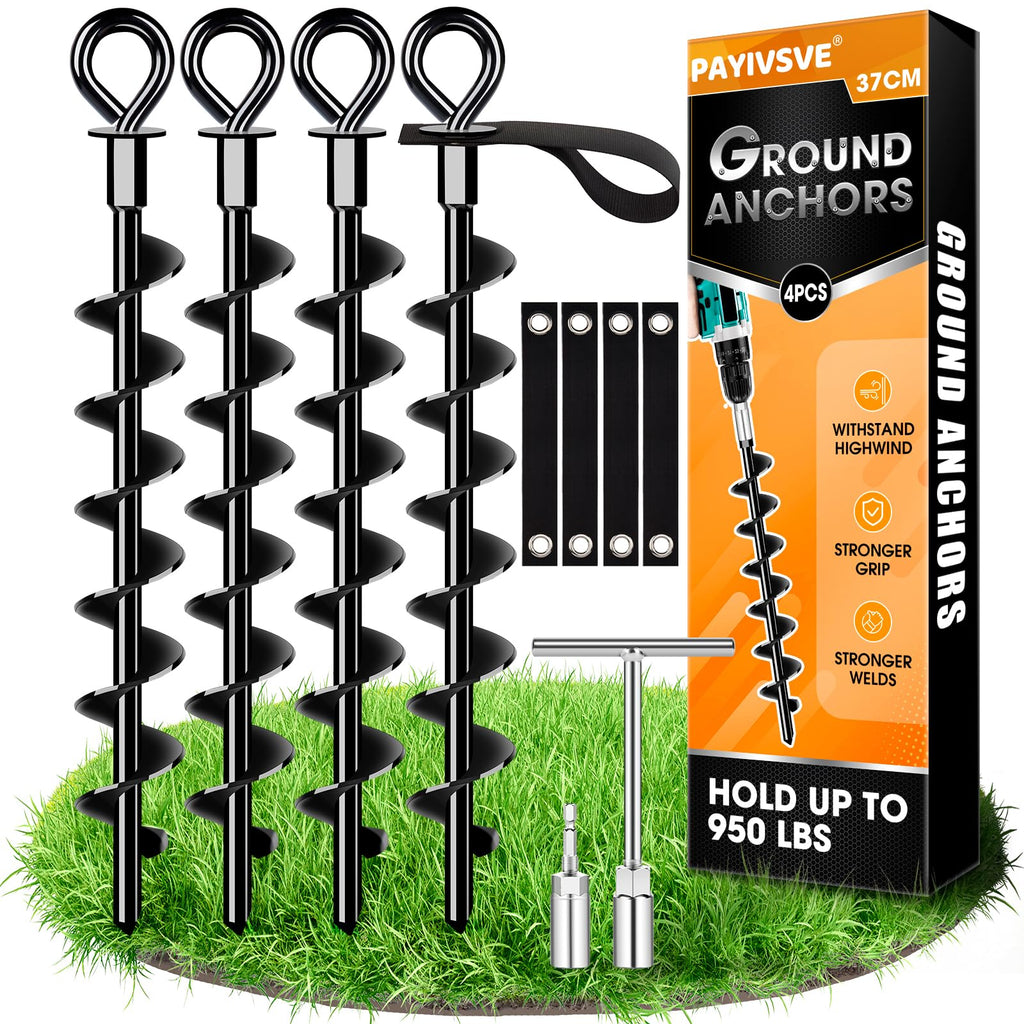 Heavy-duty ground anchors 4 pack, robust, fully screwed ground anchors with straps for securing trampolines, canopies, swings, etc.