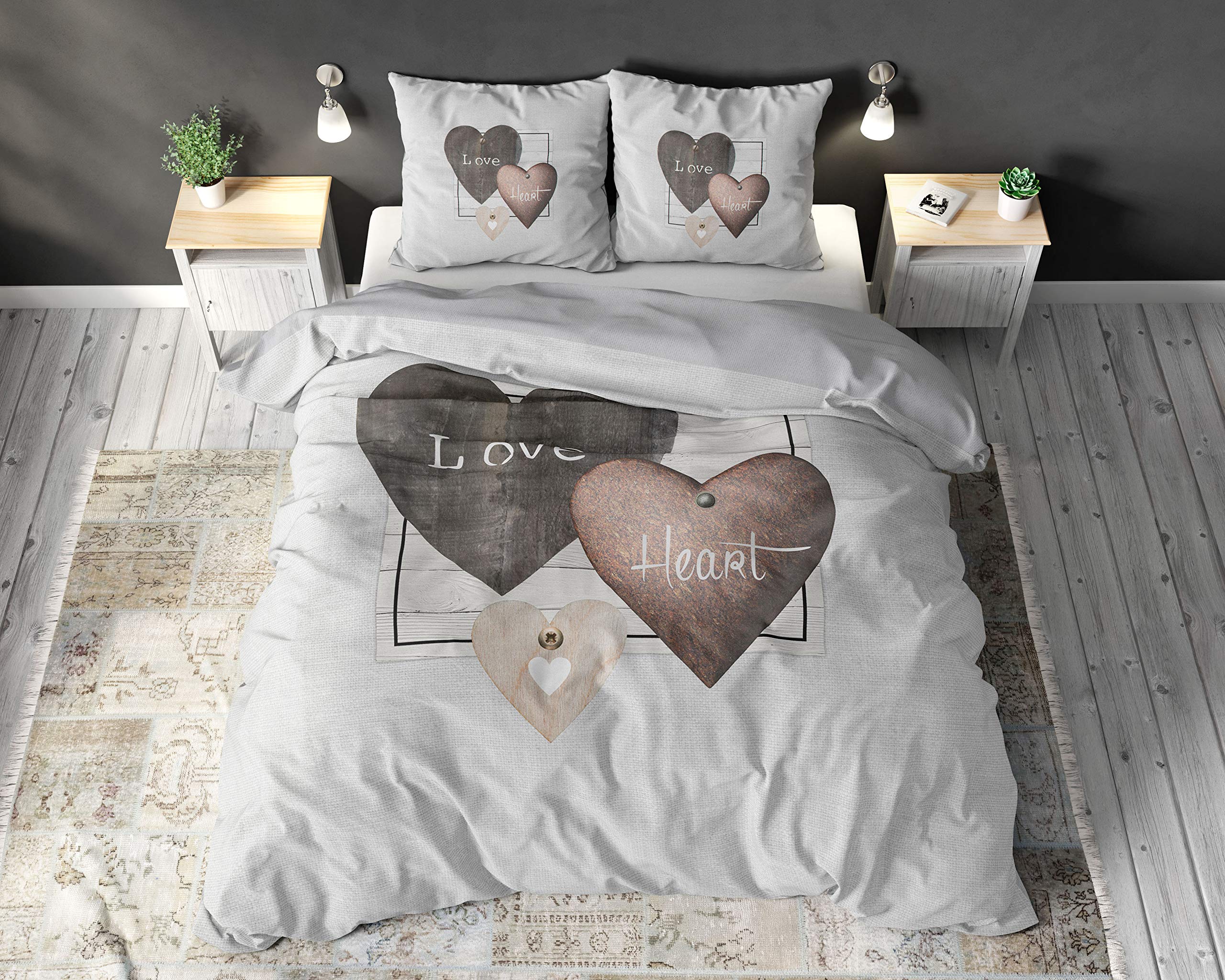 Sleeptime bed linen 100% cotton love hearts, 200 x 200cm, + 80 x 80cm, grey