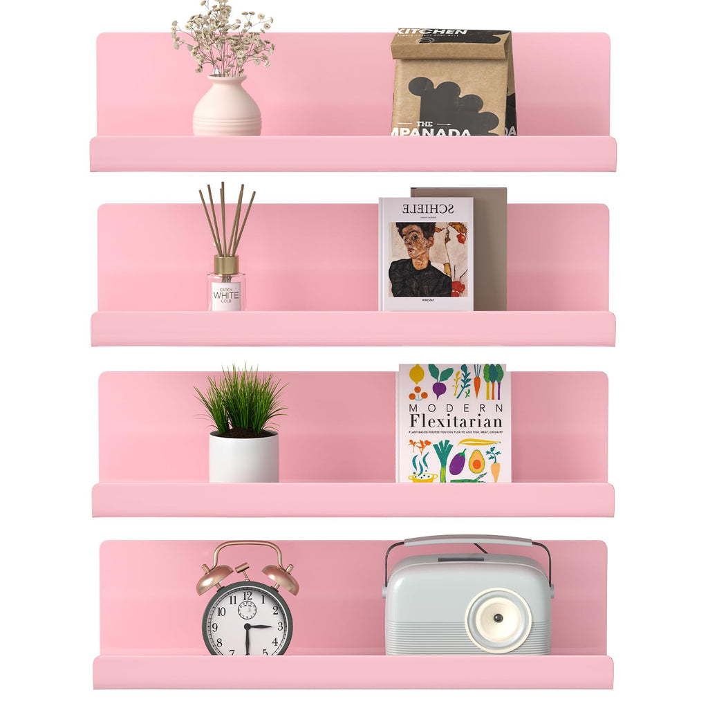 WELDUN Floating Shelves, Set of 2 Wall Shelves Picture Ledge Display, Decorative Wall Shelves for Living Room, Bedroom, Bathroom, Kitchen, Home Office, Laundry Room, Plastic, Pink