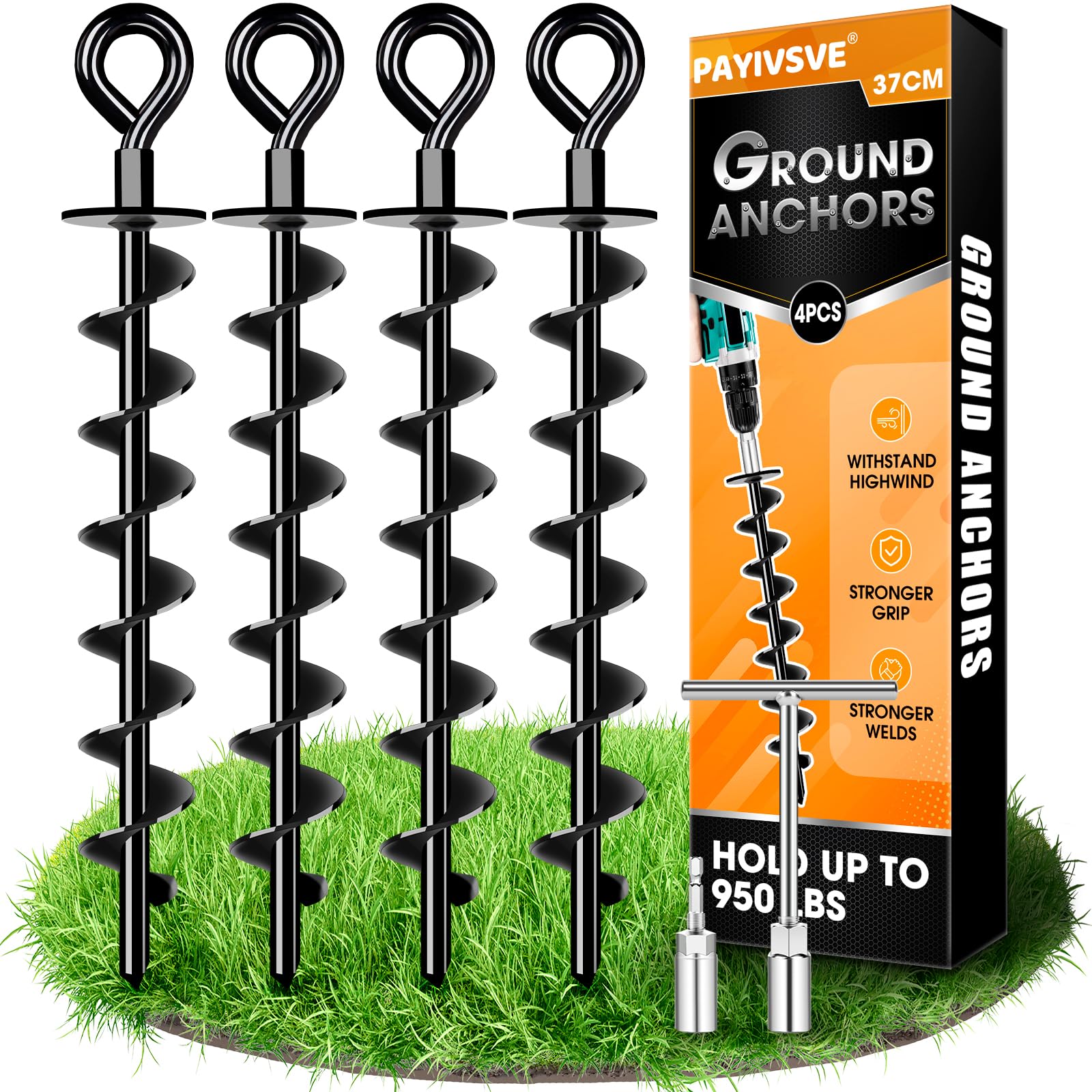 Heavy-duty ground anchors 4 pack, robust, fully screwed ground anchors for securing trampolines, canopies, swings, etc.