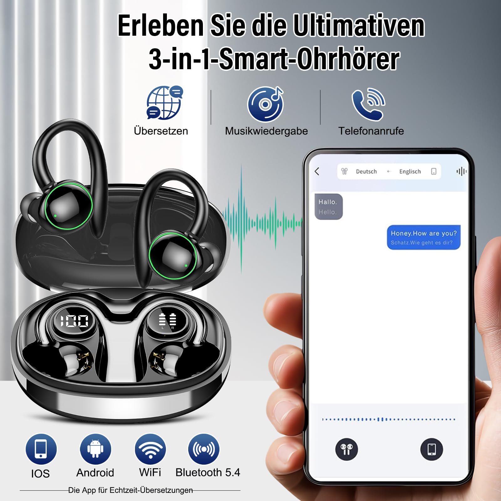 AI Headphones Translator 3-in-1 Bluetooth 5.4 Real-Time Voice Translation – Deep Black