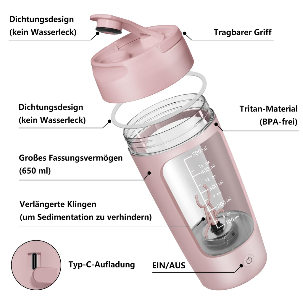 Electric Protein Shaker 650ml USB Rechargeable BPA-Free – Pink