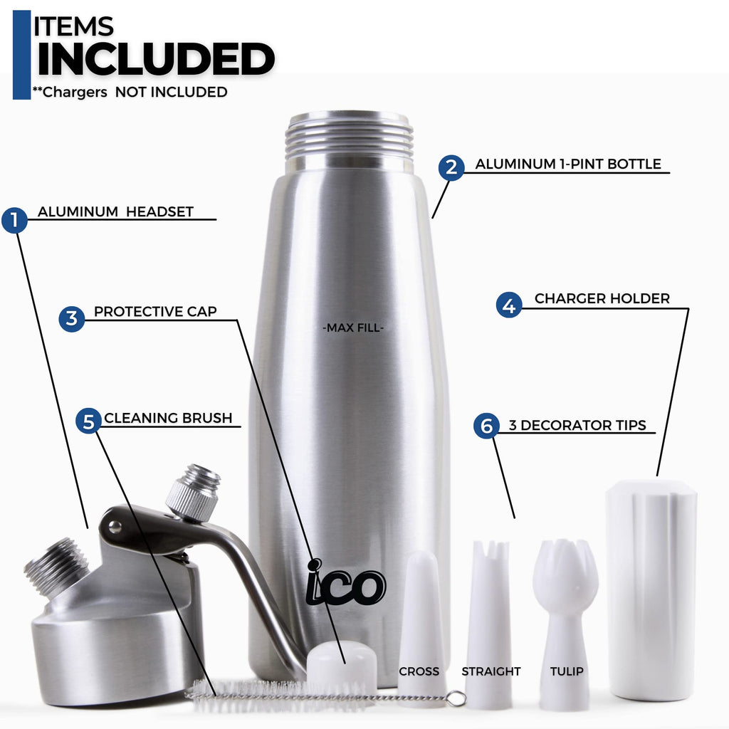 ICO aluminum cream dispenser for homemade whipped cream, cream siphon 500ml for desserts, sauces, mousse and infused oils, use with 8g N2O cream chargers.