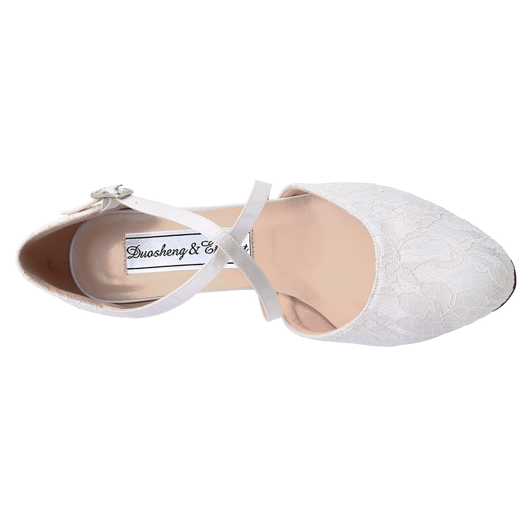 Duosheng & Elegant Closed Toe HC1920 Cross Straps Bridal Shoes Buckle for Women Heel Wedding Bridal Lace Shoes with Lace Ivory Size 38