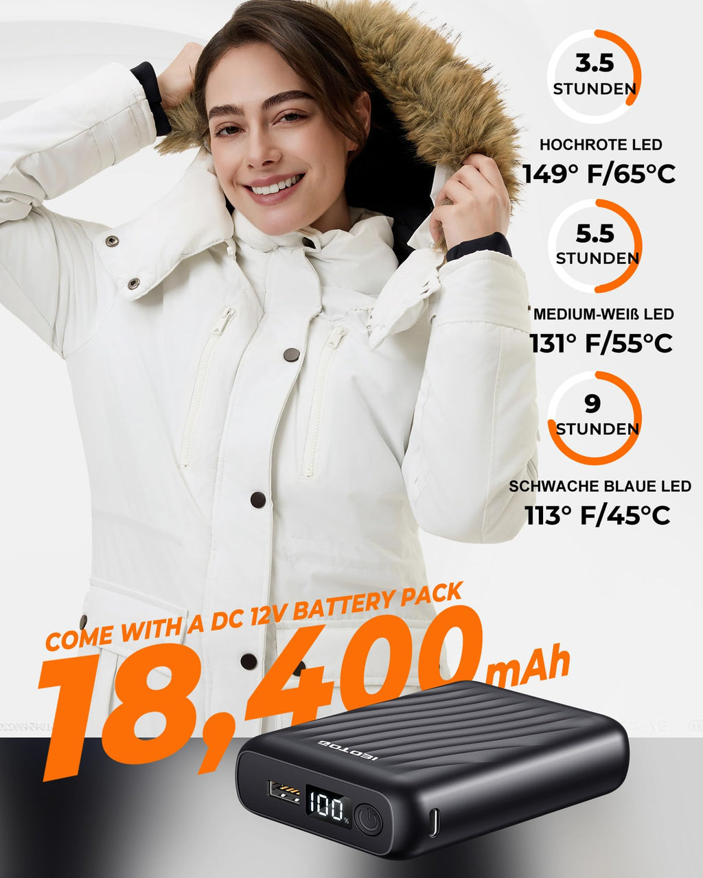 Heated Jacket 12V 18400mAh Power Bank 8 Heating Zones 3 Temp Levels – White XL