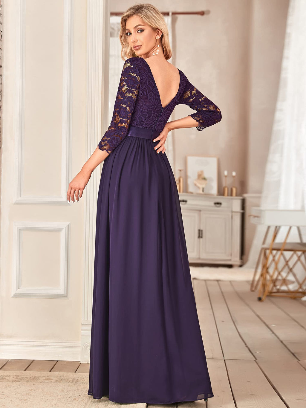 Ever-Pretty A-Line Empire Evening Dress Floor-Length 3/4 Sleeves – Dark Purple 44
