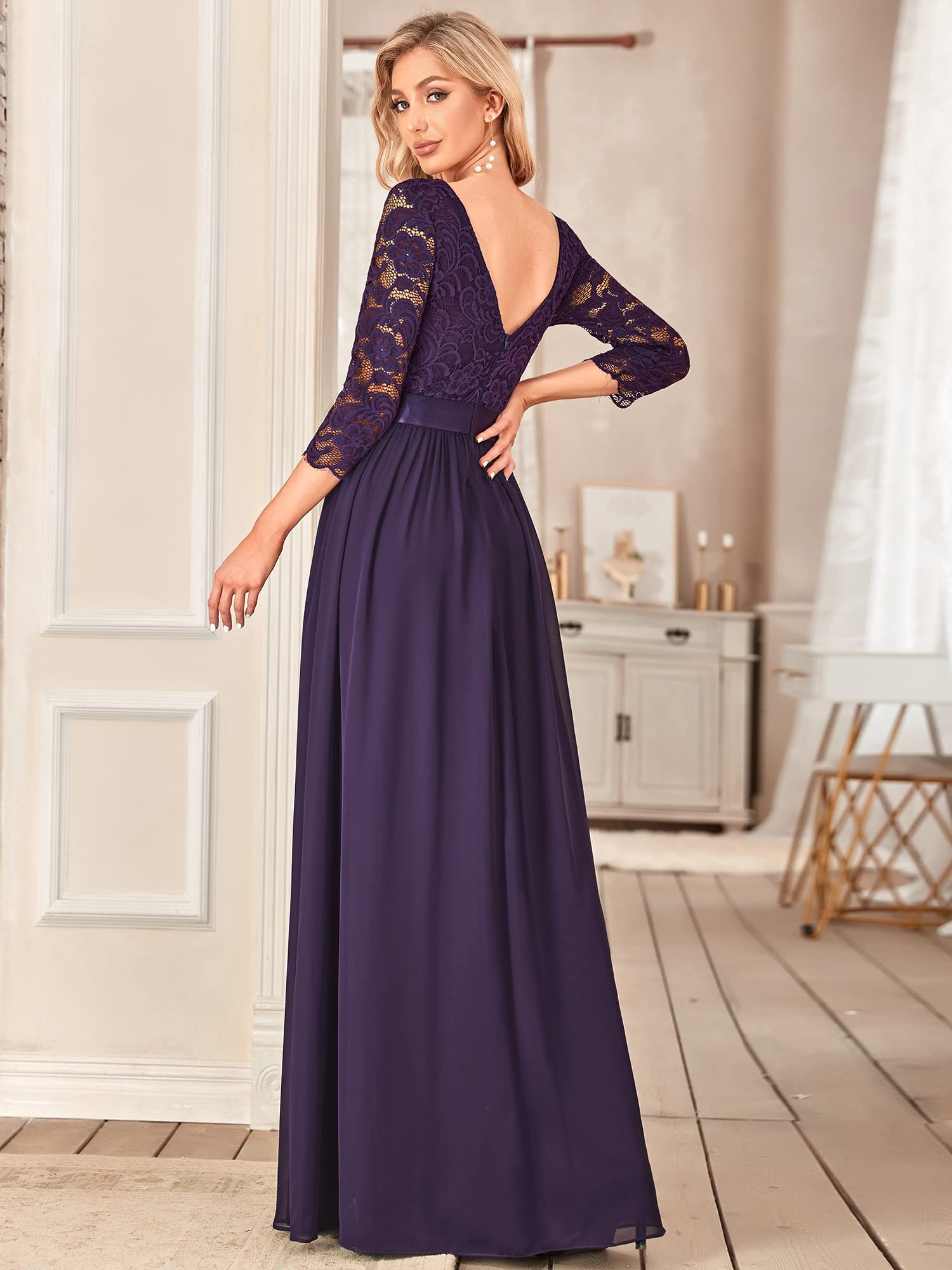 Ever-Pretty A-Line Empire Evening Dress Floor-Length 3/4 Sleeves – Dark Purple 44