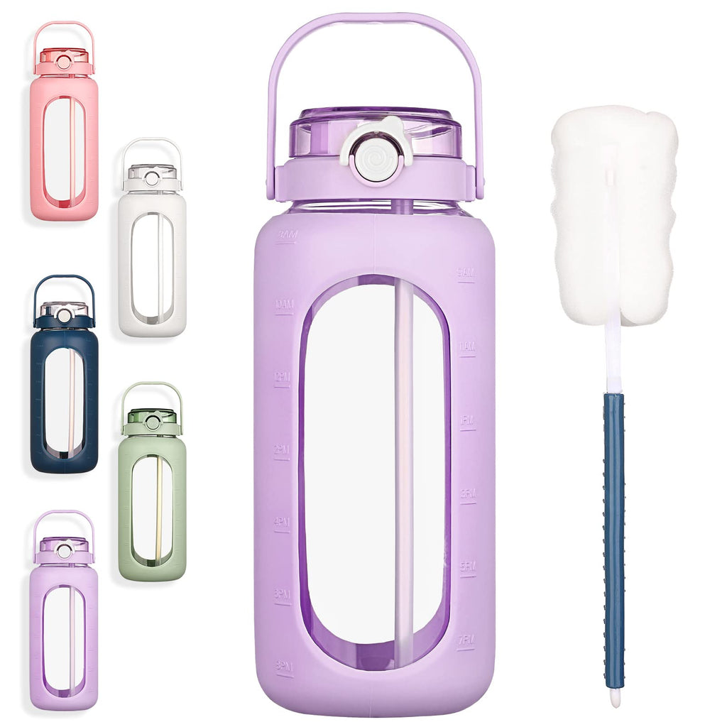 Glass Water Bottle 960ml with Straw & Time Marker Silicone Sleeve Motivational – Purple