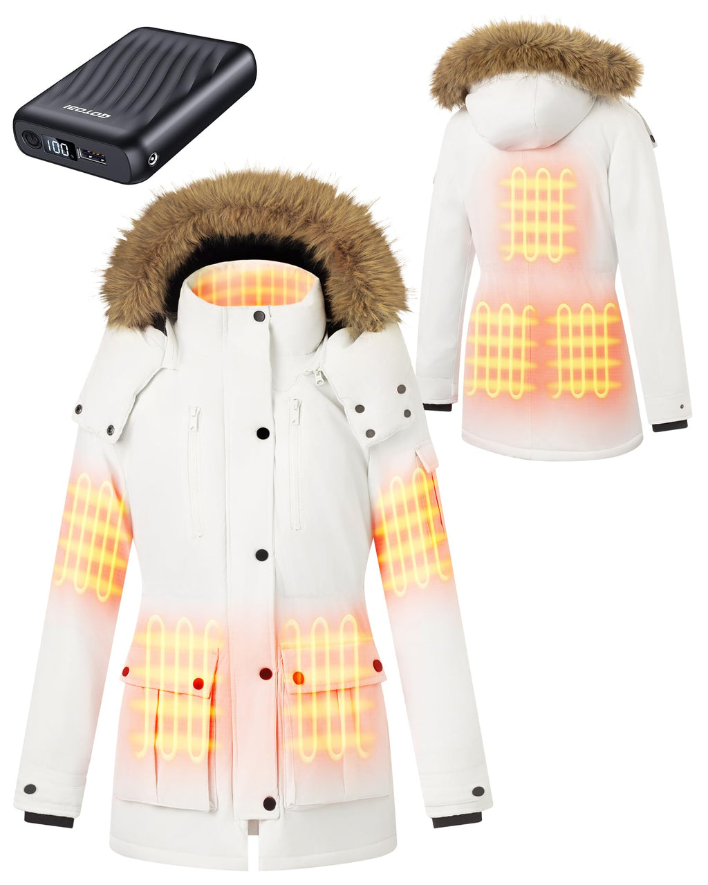 Heated Jacket 12V 18400mAh Power Bank 8 Heating Zones 3 Temp Levels – White XL