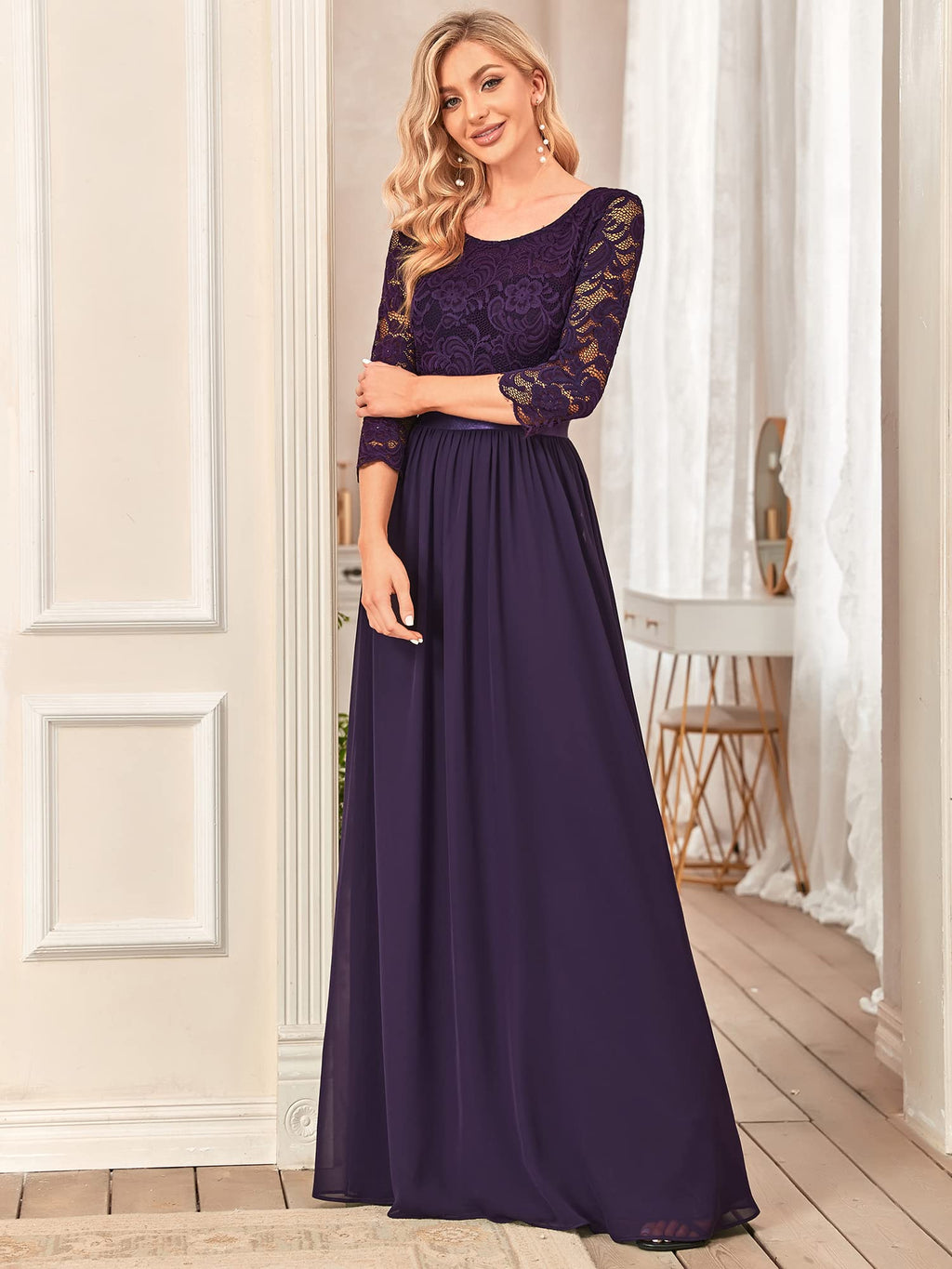 Ever-Pretty A-Line Empire Evening Dress Floor-Length 3/4 Sleeves – Dark Purple 44