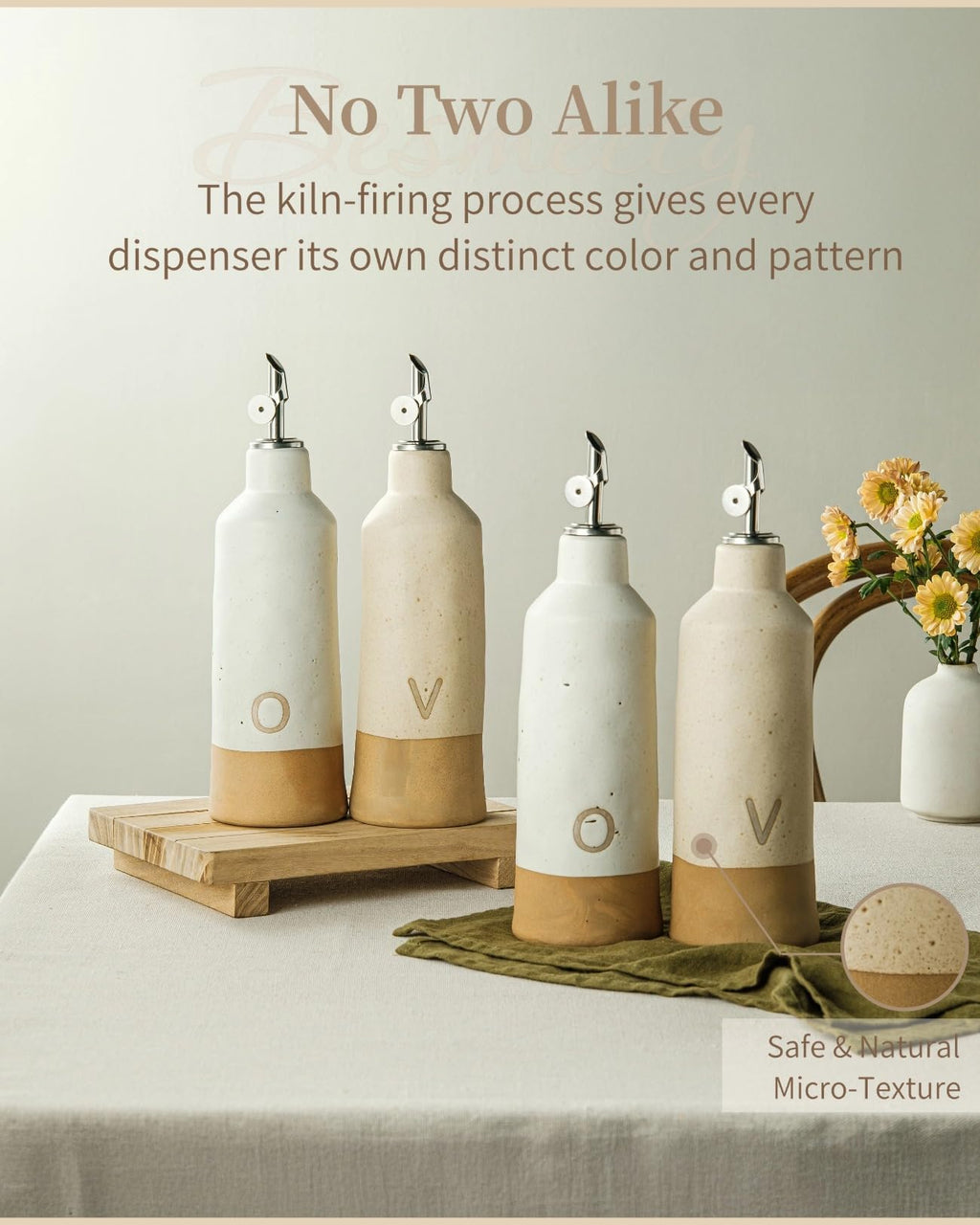 Ceramic Oil & Vinegar Bottles 600ml x2 with Pourers & Funnel – White & Cream
