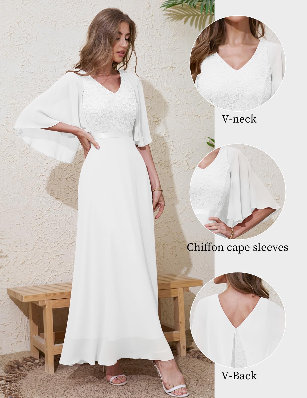 DRESSTELLS Women's Evening Dress Long Elegant for Wedding Dress Cocktail Dress Women Elegant with Sleeves Elastic Waist White L