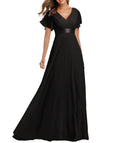Chiffon A-Line Bridesmaid Dress V-Neck High Waist Belt Elegant Long Gown – BL, 2XL